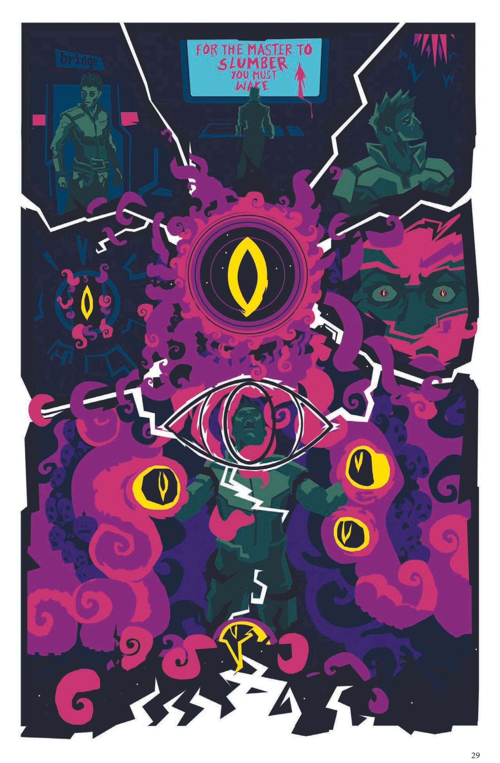 Vibrant illustration inspired by Cthulhu mythology, featuring mystical eyes and swirling colors.