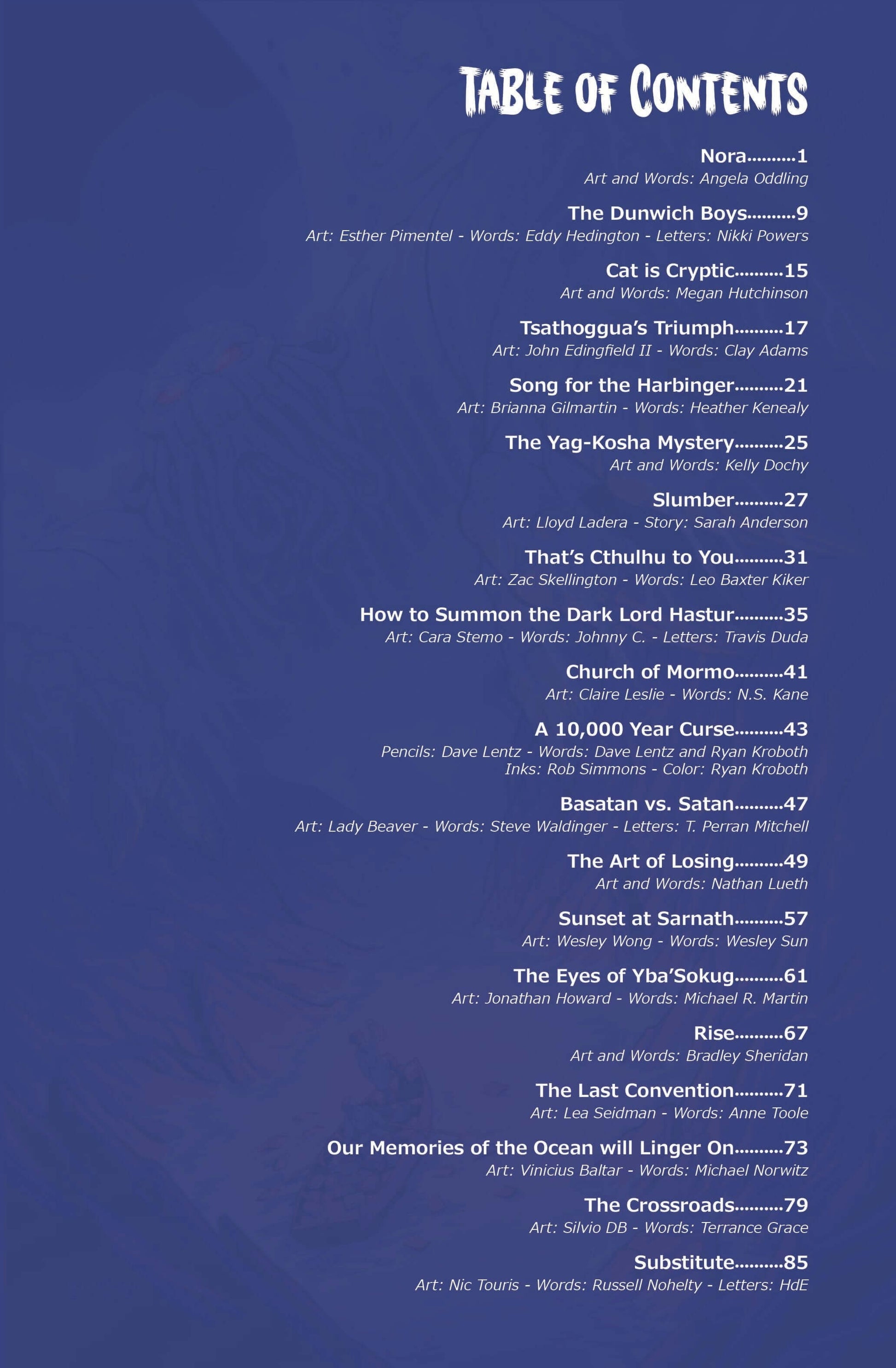 Table of contents for 'Cthulhu is Hard to Spell Volume 1', featuring diverse Lovecraftian stories.