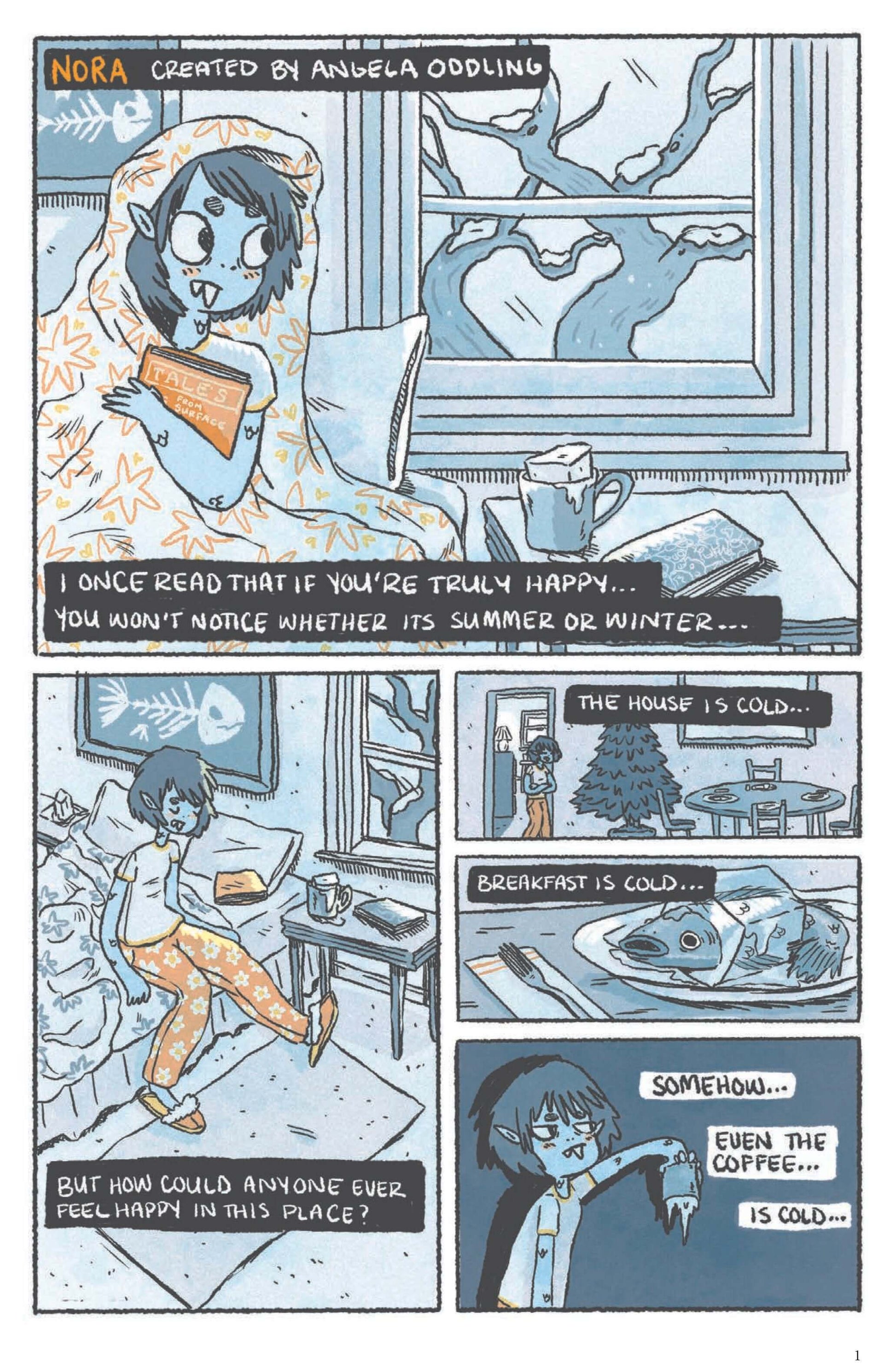 Comic page from 'Nora' by Angela Oddling, showcasing winter blues and chilly breakfast moments.