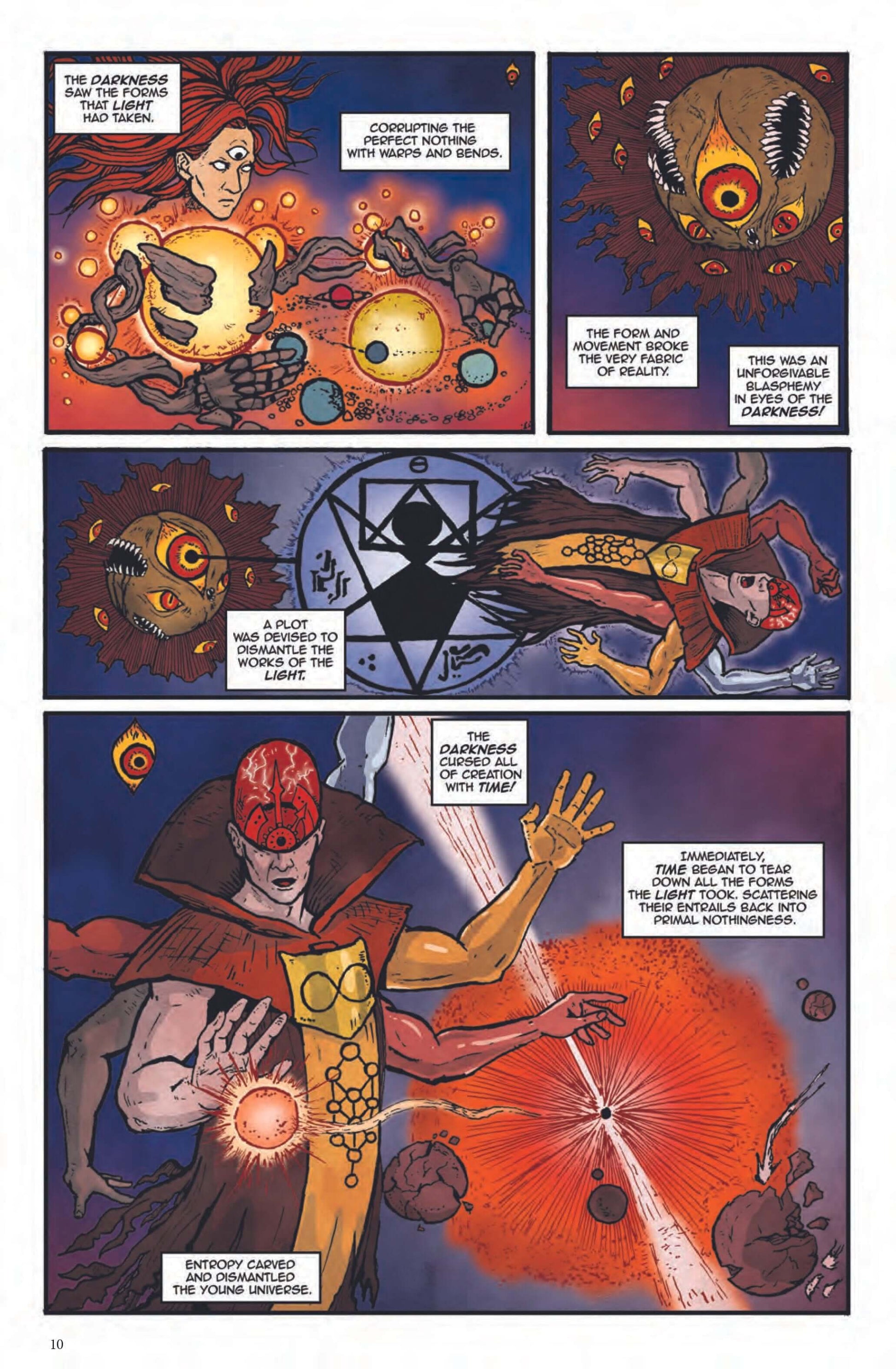 Comic page from Cthulhu is Hard to Spell Volume 2, featuring mythological characters and cosmic imagery.