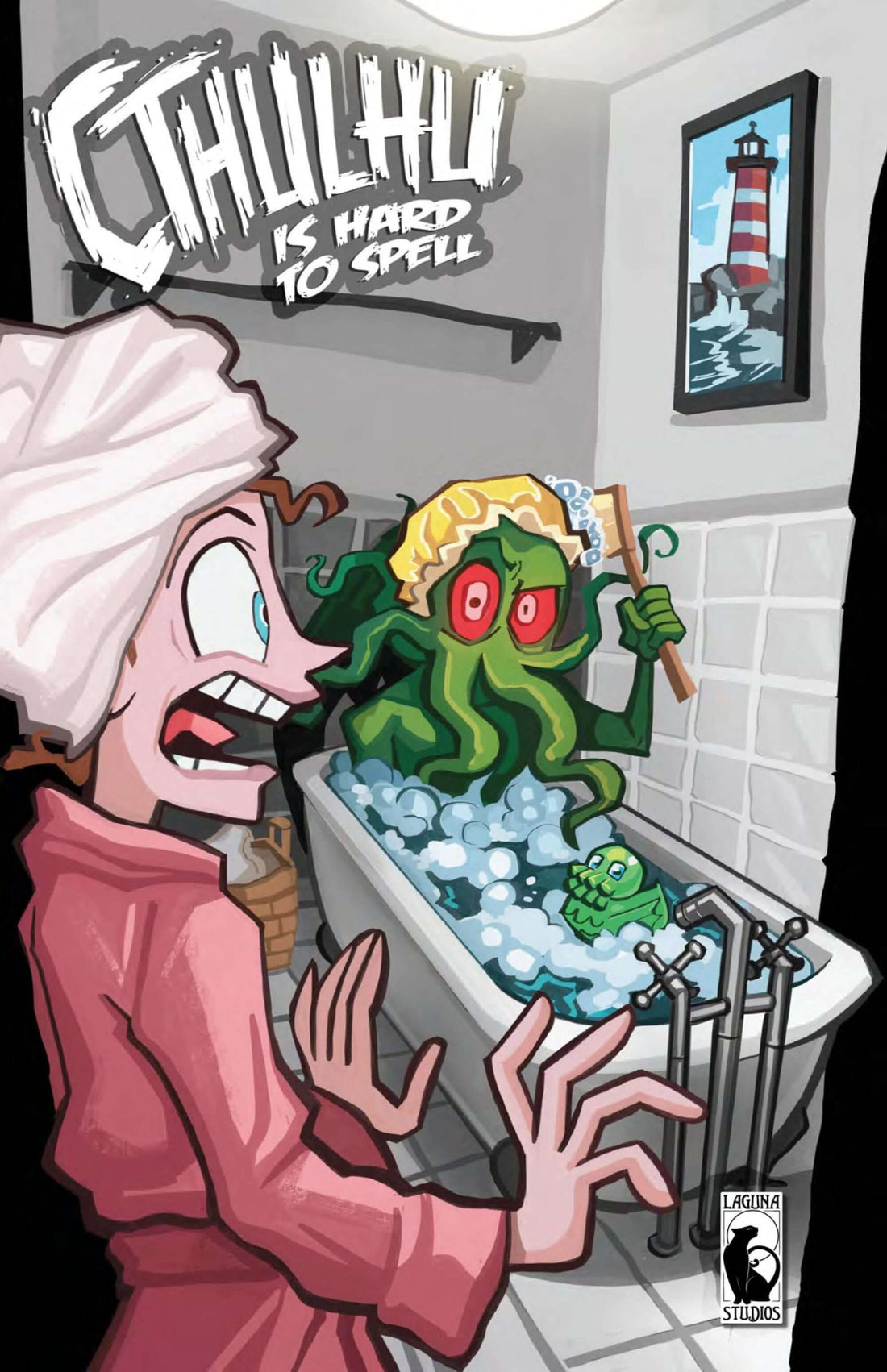 Cthulhu takes a bath in a whimsical cartoon style, amusingly mixing horror and humor for a unique book cover.