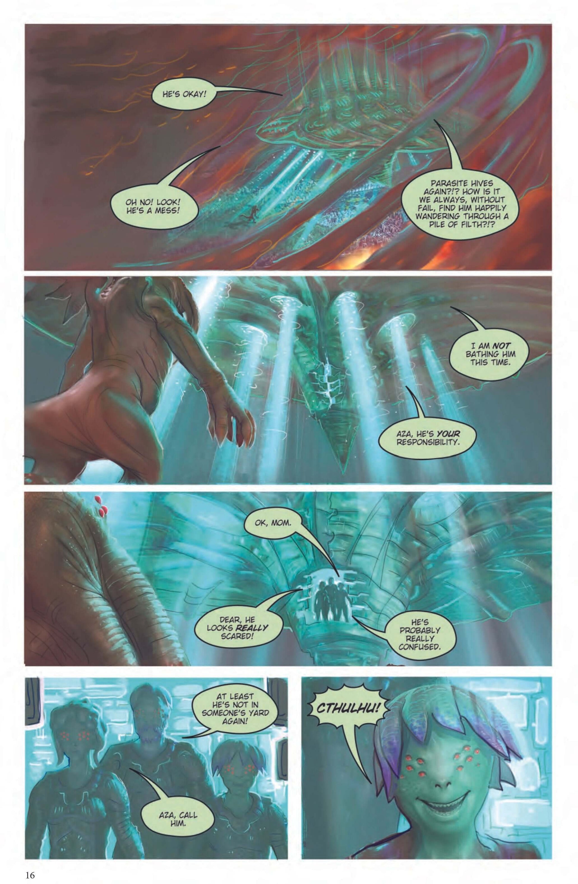 Comic page from 'Cthulhu is Hard to Spell' featuring Lovecraftian creatures and whimsical dialogue.