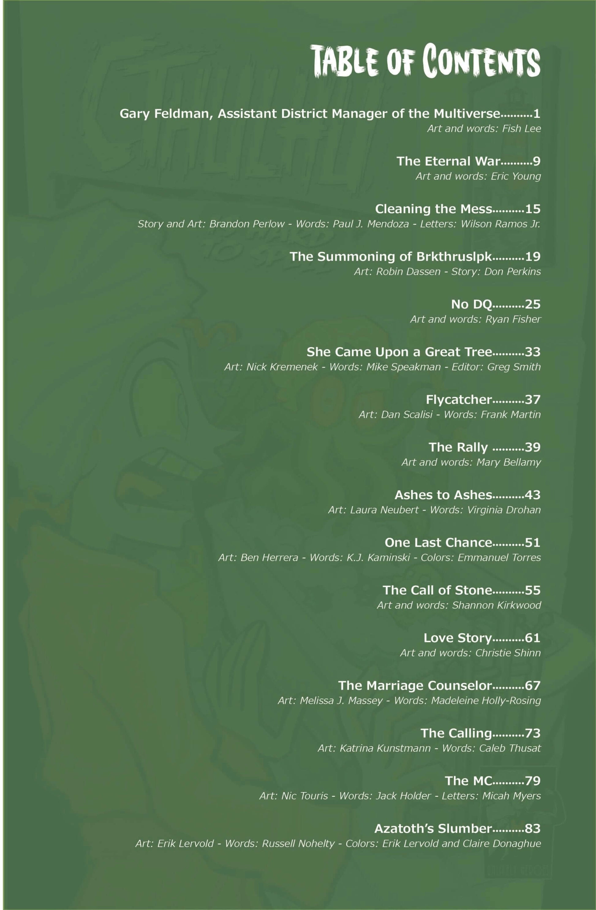 Table of contents for 'Cthulhu is Hard to Spell Volume 2', showcasing diverse stories and authors.