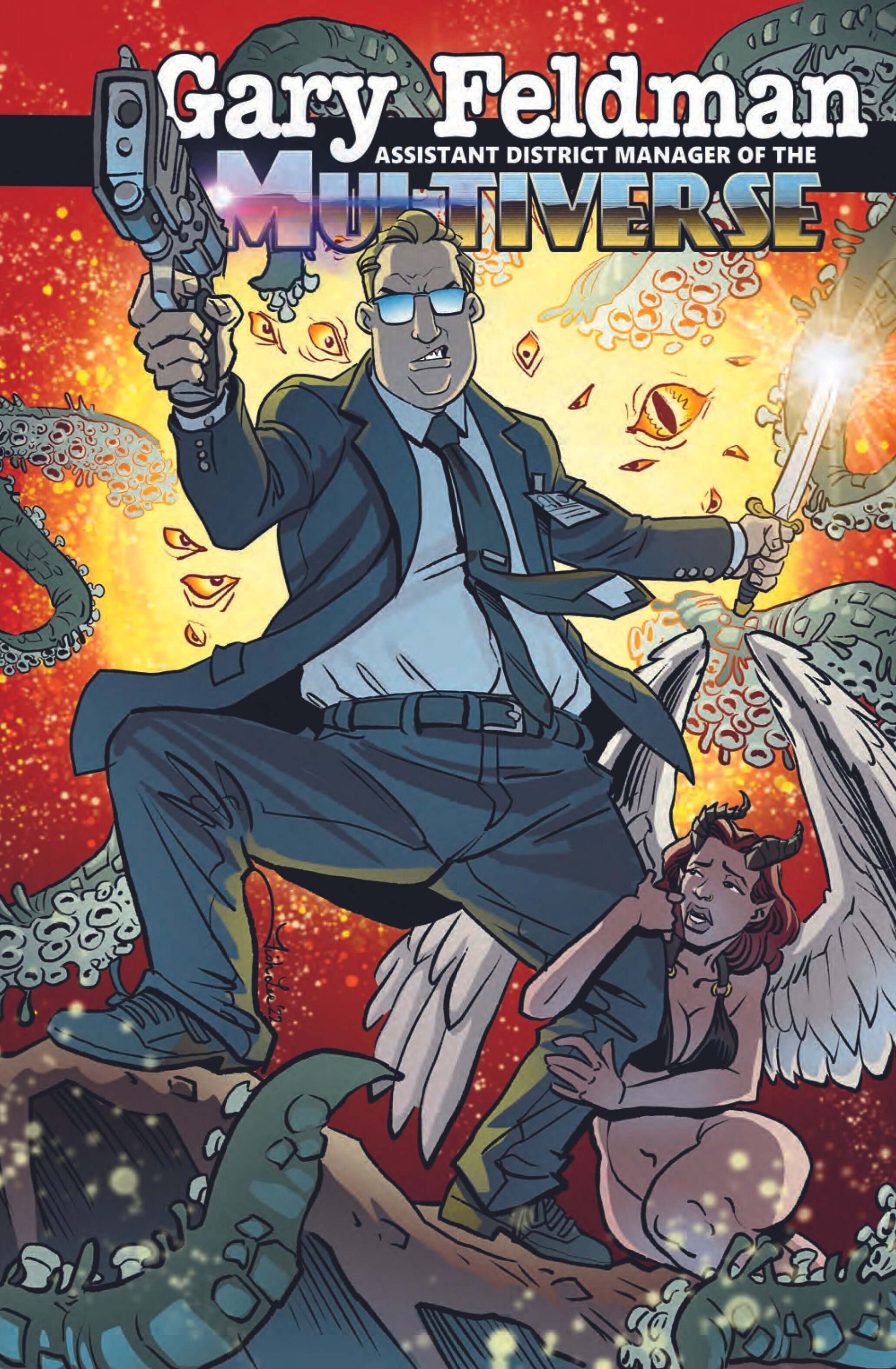 Comic book cover of Gary Feldman, Assistant District Manager of the Multiverse, featuring action and whimsical elements.