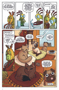 Comic panel featuring Cthulhu-like creature talking with cats in a cozy setting, blending humor and Lovecraftian themes.