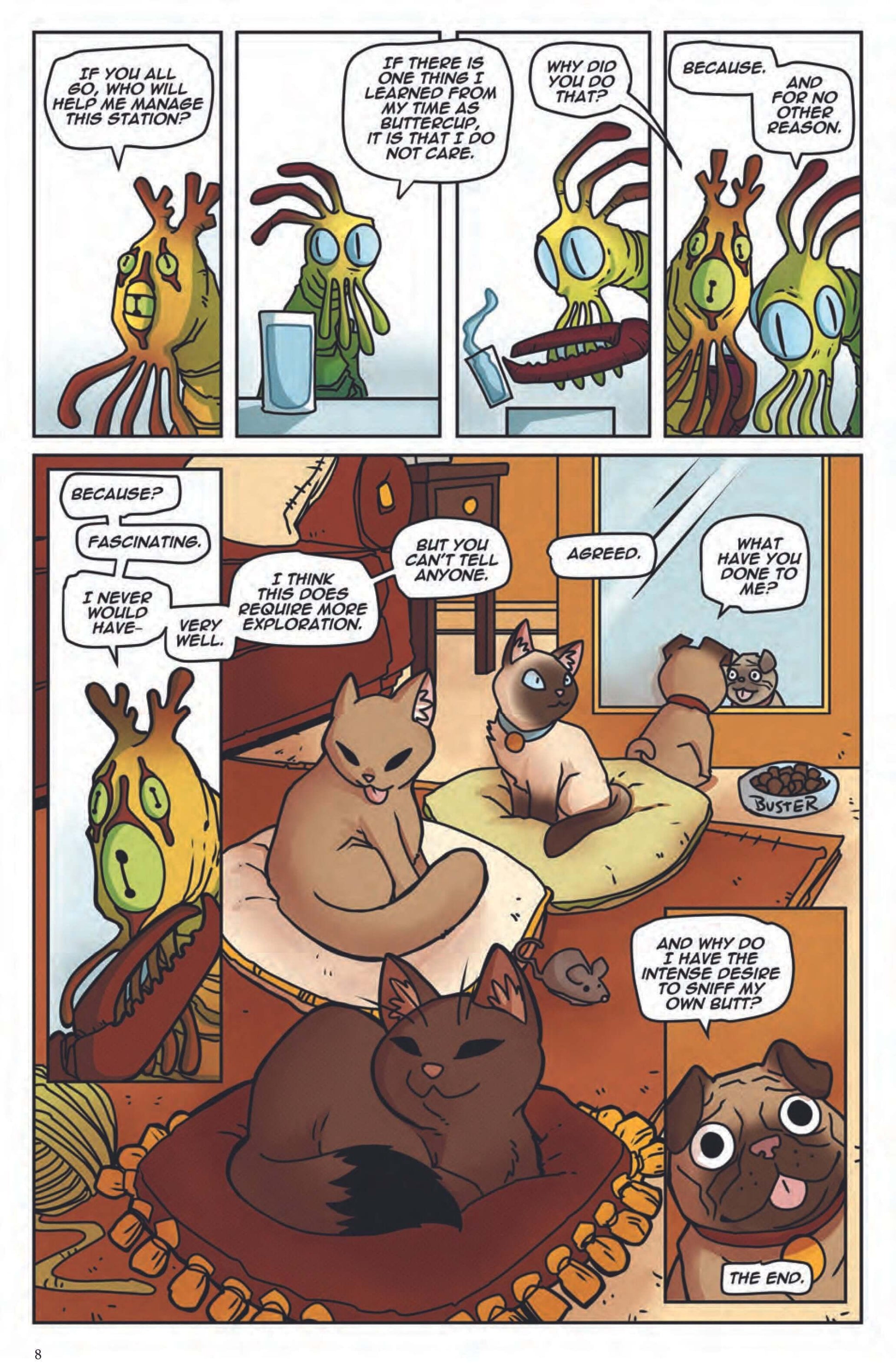 Comic panel featuring Cthulhu-like creature talking with cats in a cozy setting, blending humor and Lovecraftian themes.