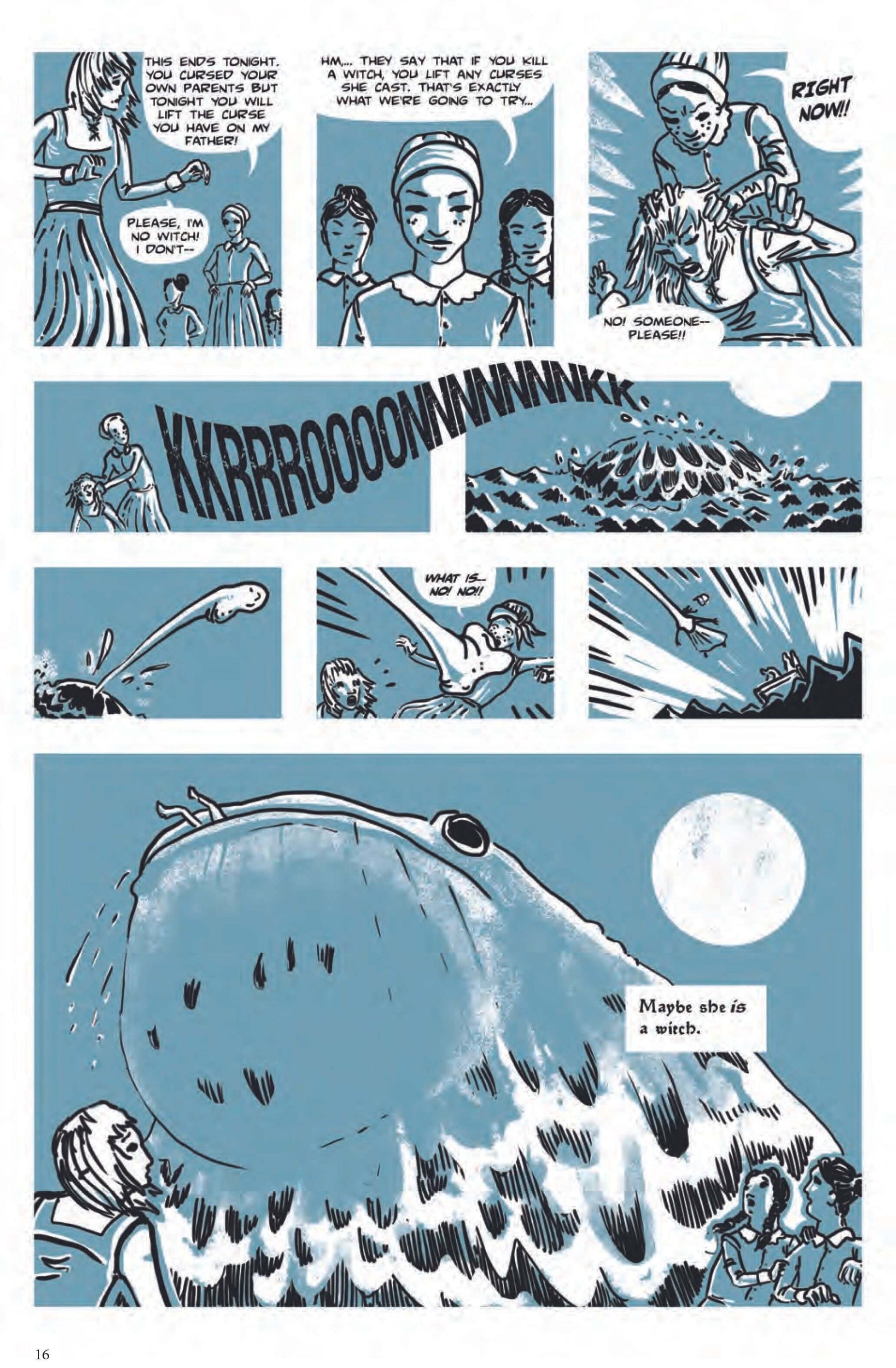 A colorful comic page with humorous scenes and characters discussing witches and a giant creature.