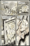 A detailed comic panel depicting a decayed cityscape with haunting figures and intense expressions.