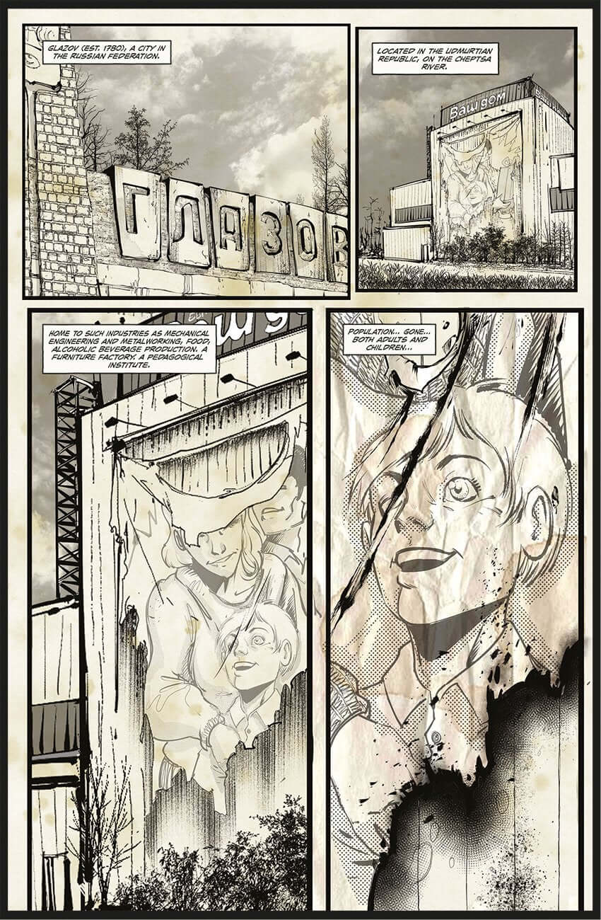 A detailed comic panel depicting a decayed cityscape with haunting figures and intense expressions.