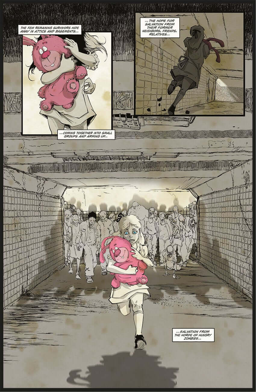 A girl runs through a dim tunnel holding a pink toy, pursued by shadowy figures in a chaotic scene from 'Province of Zombies'.