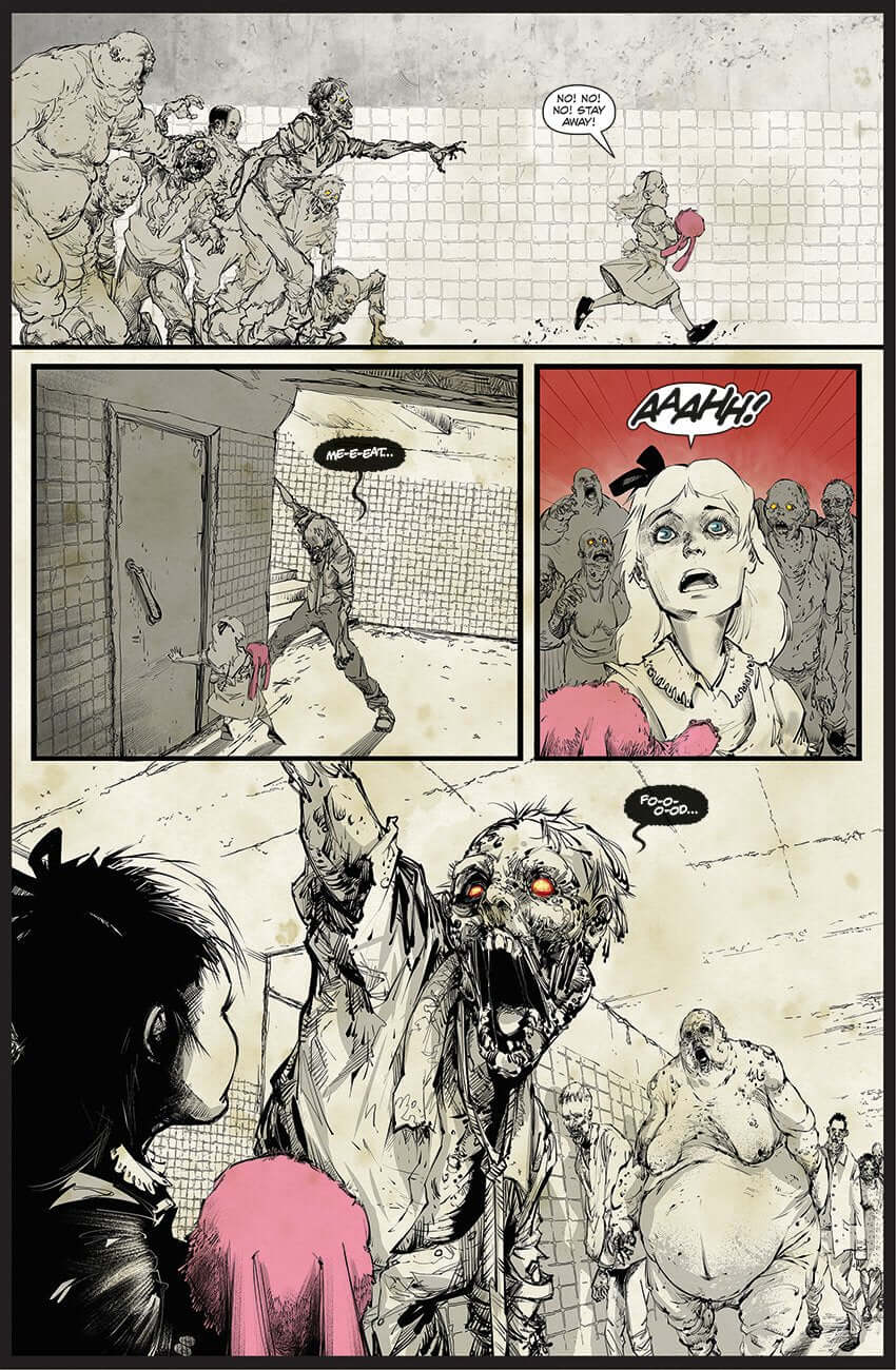 Intense comic scene from 'Province of the Zombies' featuring Alice fleeing from zombies in a post-apocalyptic world.