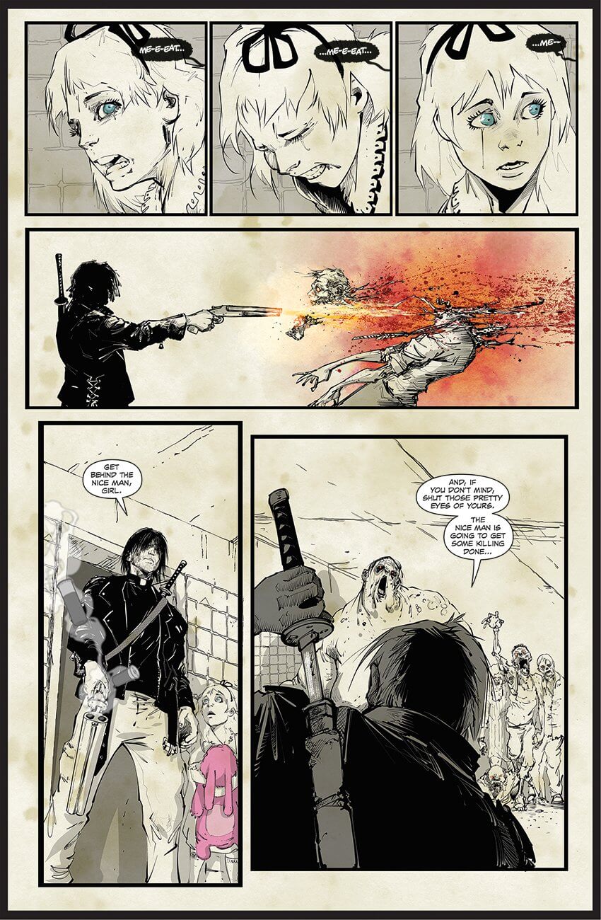 Dramatic comic panel from 'Province of Zombies' featuring intense action and gritty characters battling zombies.