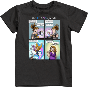 Graphic comic on a black t-shirt featuring humor about the 'TRANS agenda' with whimsical art elements.