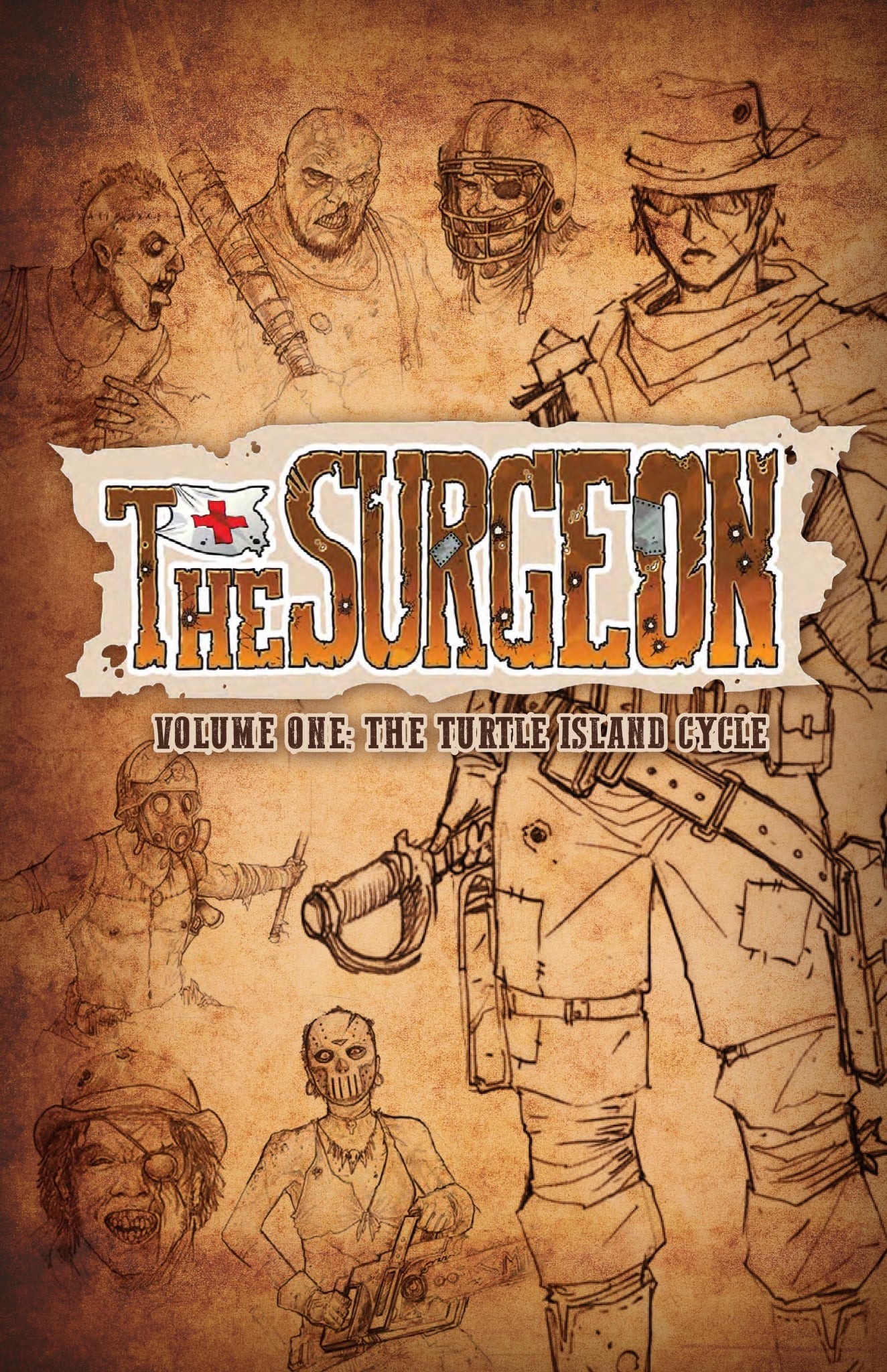 Cover art for The Surgeon Volume One: The Turtle Island Cycle featuring characters and dramatic illustrations.