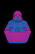 Planet Muncher Pullover Hoodie showcasing vibrant blue and pink design from the back on a black background.