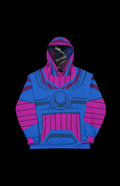Planet Muncher Pullover Hoodie featuring a vibrant blue and pink graphic design perfect for chilly evenings.