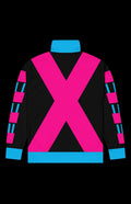 Kinetic Gambler Track Jacket featuring bold pink and blue color block design on back with zip-up collar.