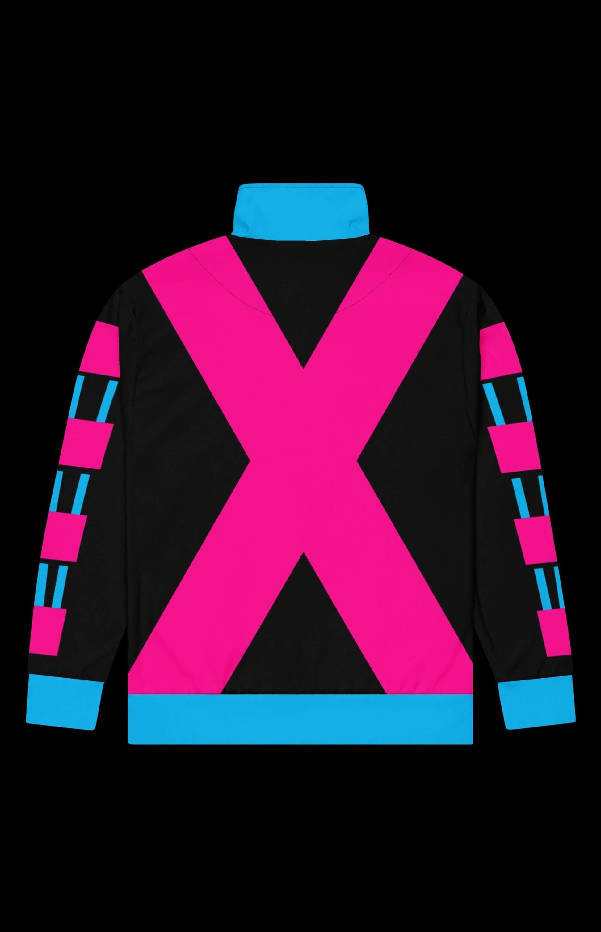 Kinetic Gambler Track Jacket featuring bold pink and blue color block design on back with zip-up collar.