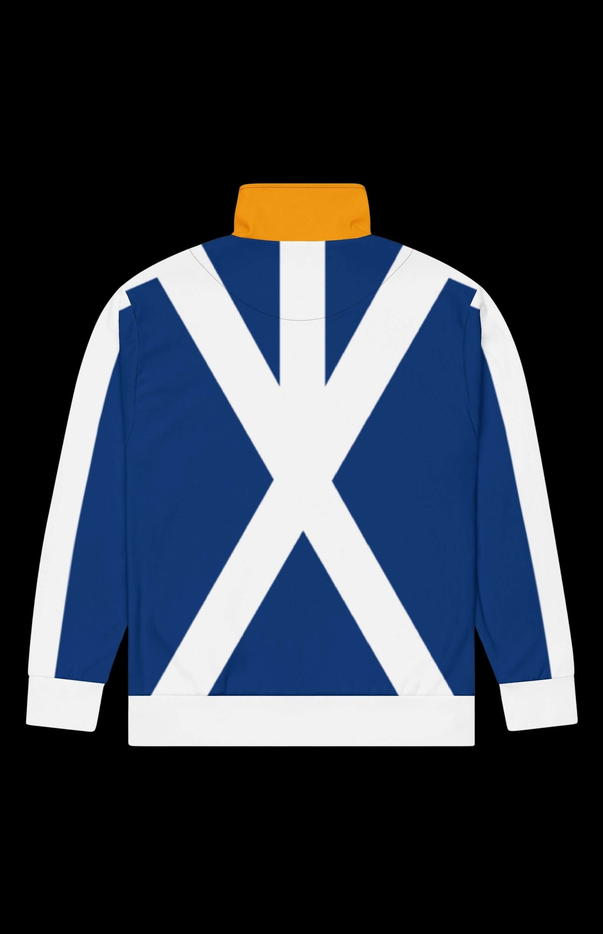 Biclops Classic Track Jacket featuring a bold blue design with white stripes and an orange collar, perfect for style and warmth.
