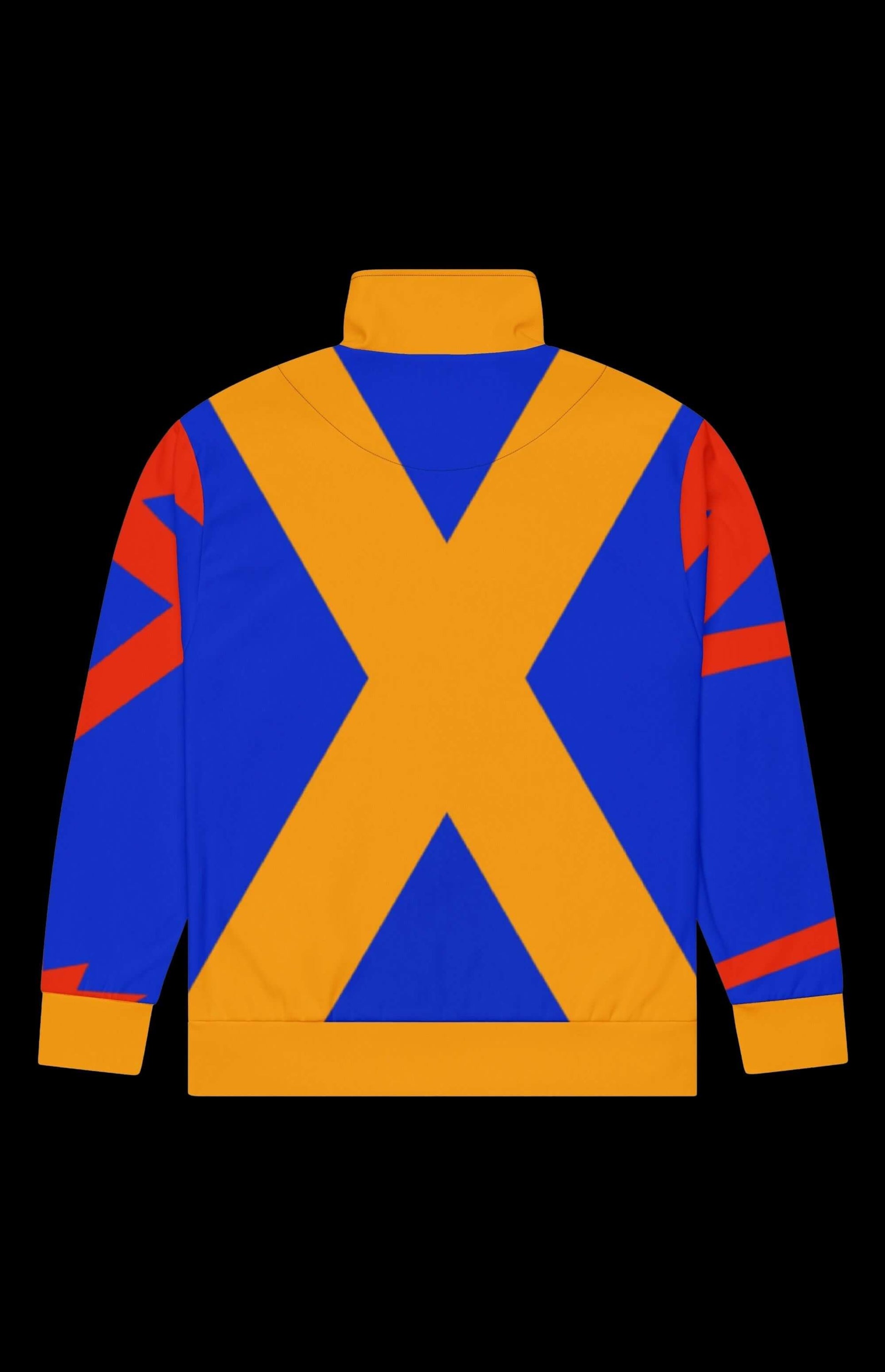 Biclops Track Jacket in vibrant blue and orange geometric design, perfect for workouts and casual wear.