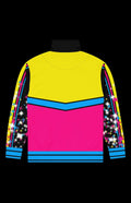 Vibrant back view of the Sparkles Track Jacket in yellow, pink, and blue with star patterns.
