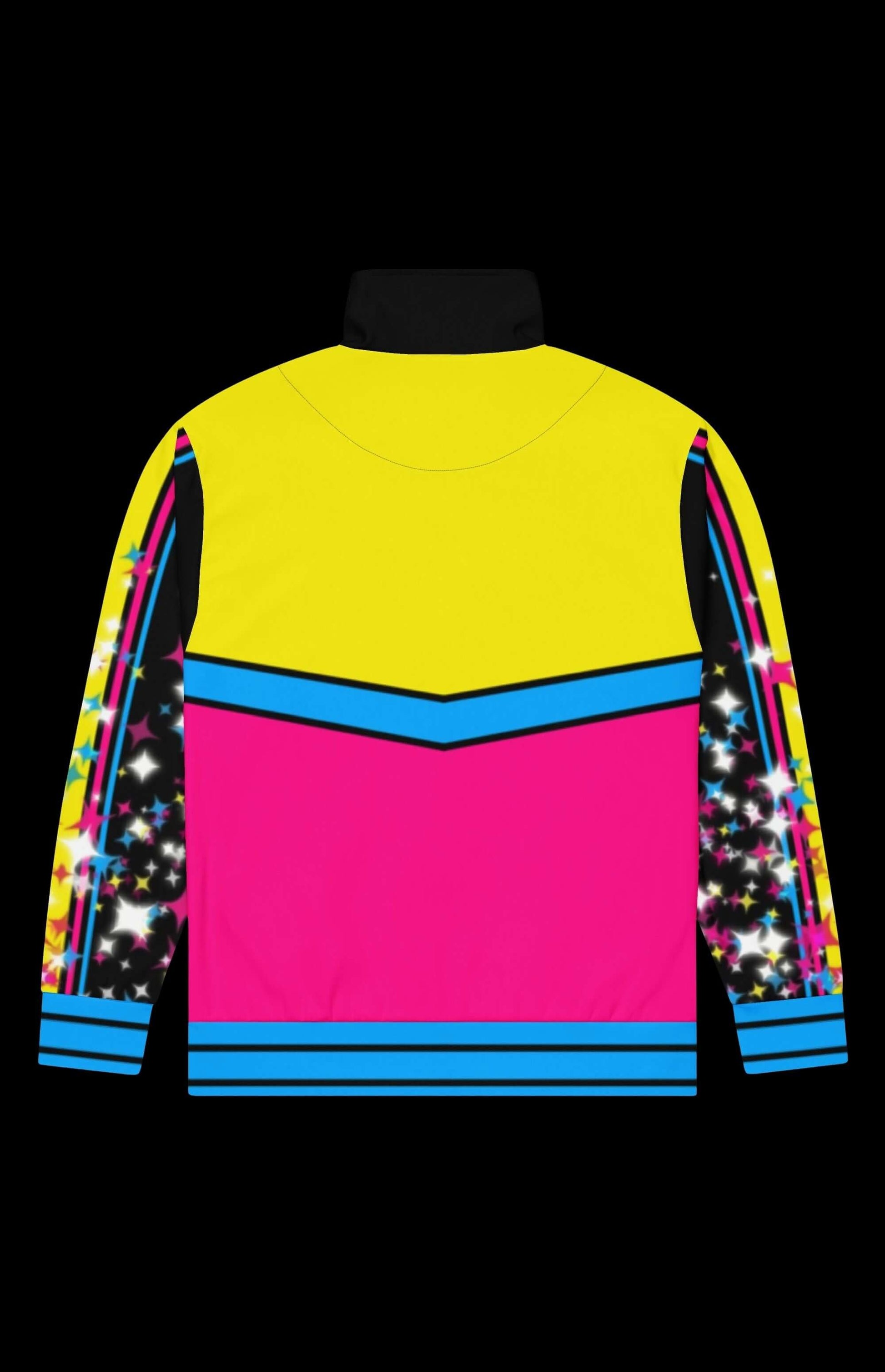 Vibrant back view of the Sparkles Track Jacket in yellow, pink, and blue with star patterns.