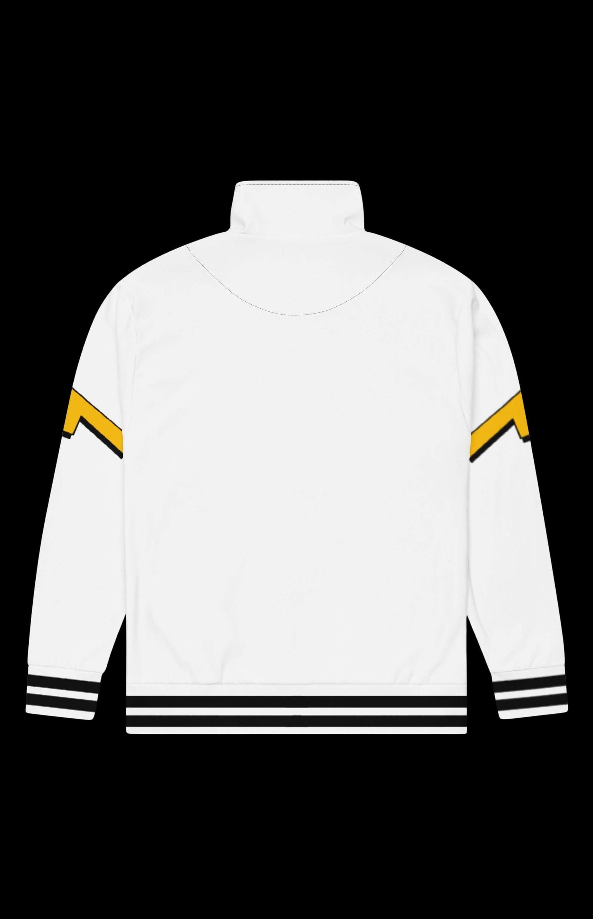 Weather Witch Track Jacket back view featuring yellow accent and striped cuffs.