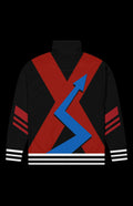 Blue BAMF Track Jacket featuring a bold graphic design with stripes and arrow patterns.