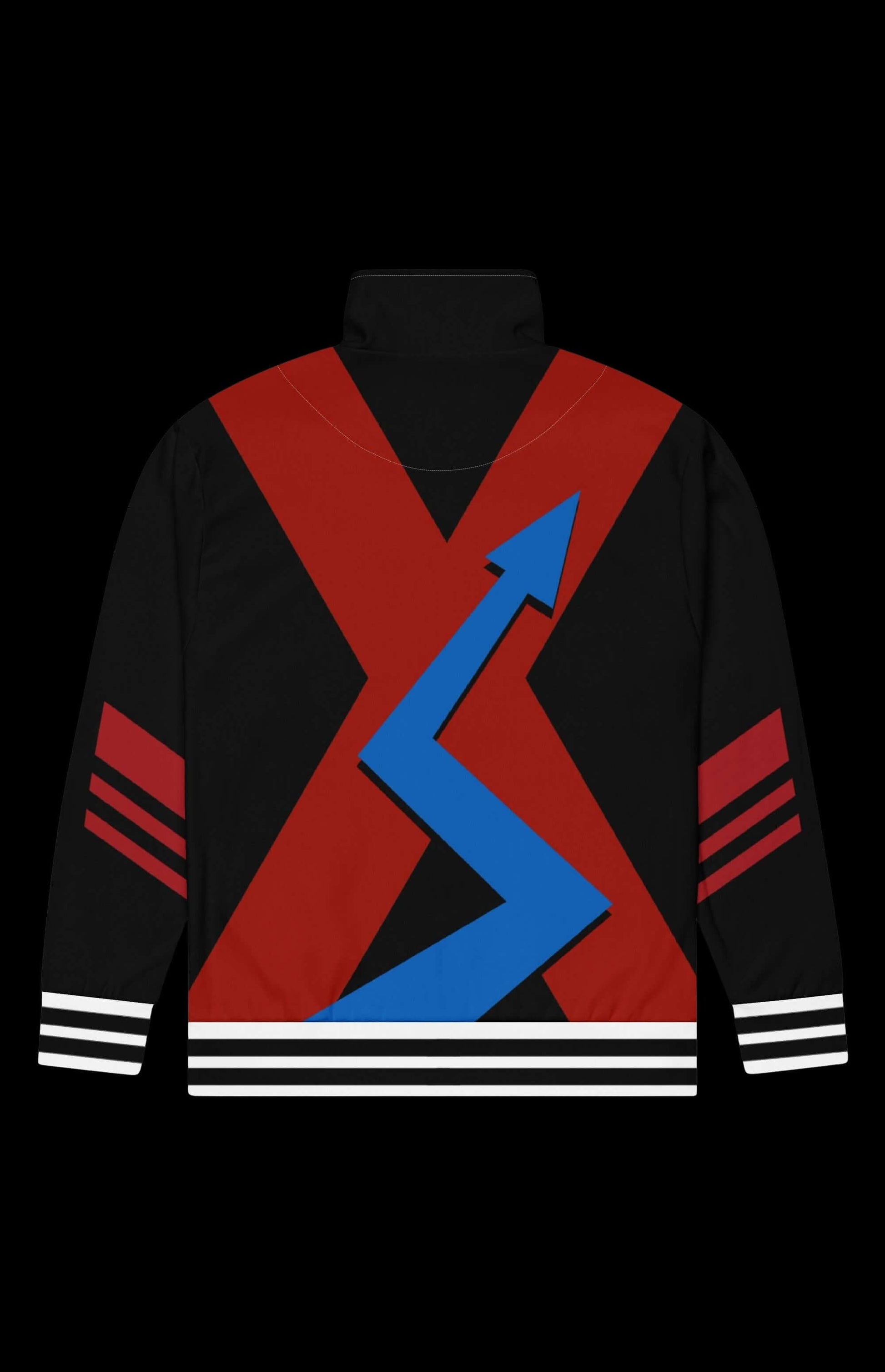 Blue BAMF Track Jacket featuring a bold graphic design with stripes and arrow patterns.