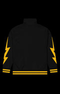 Back view of Weather Witch Classic Track Jacket with yellow lightning bolts and striped hem.