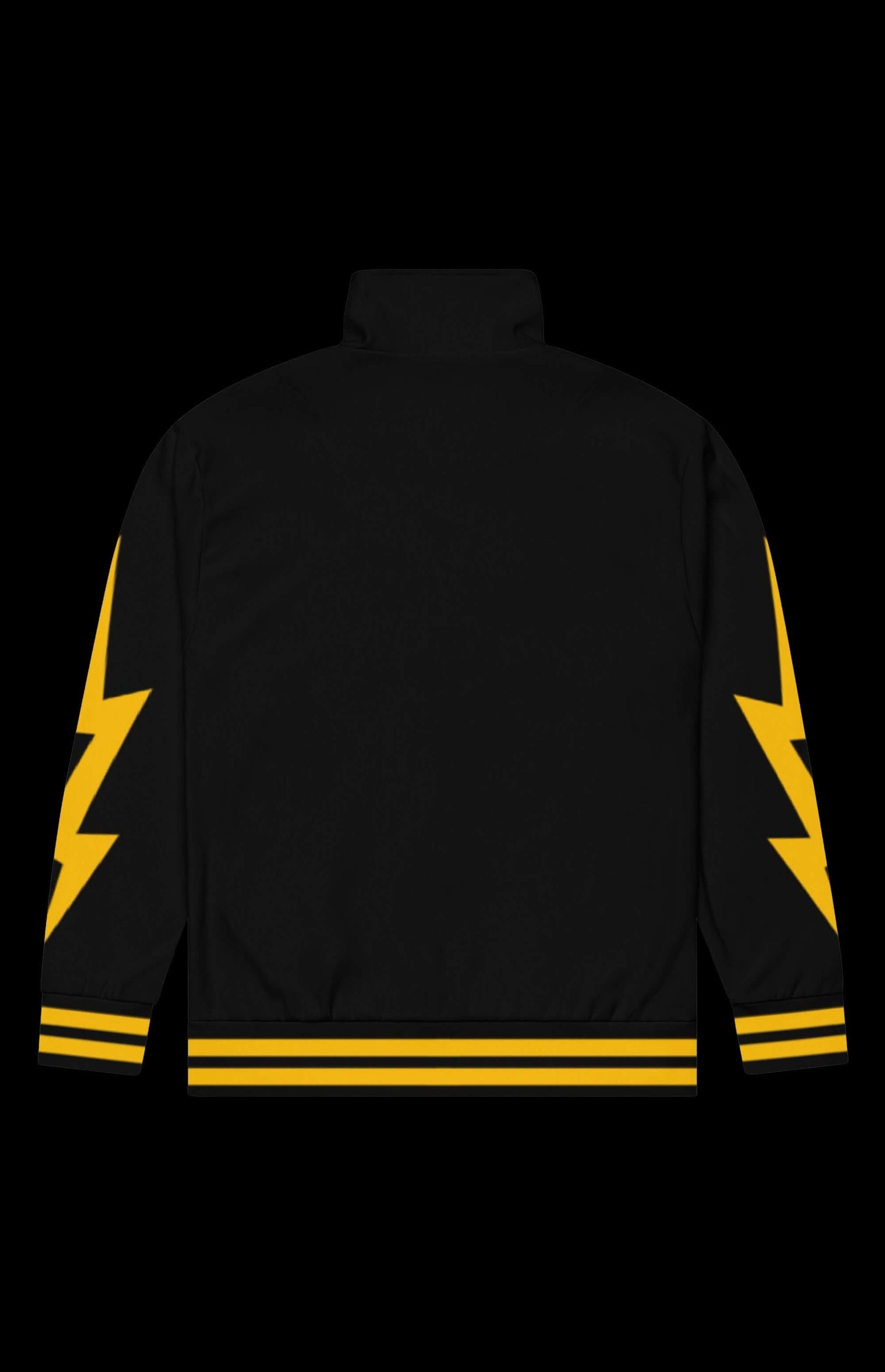 Back view of Weather Witch Classic Track Jacket with yellow lightning bolts and striped hem.