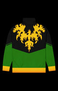 Fire Nugget Track Jacket with vibrant flame design and green accents, perfect for workouts and casual wear.