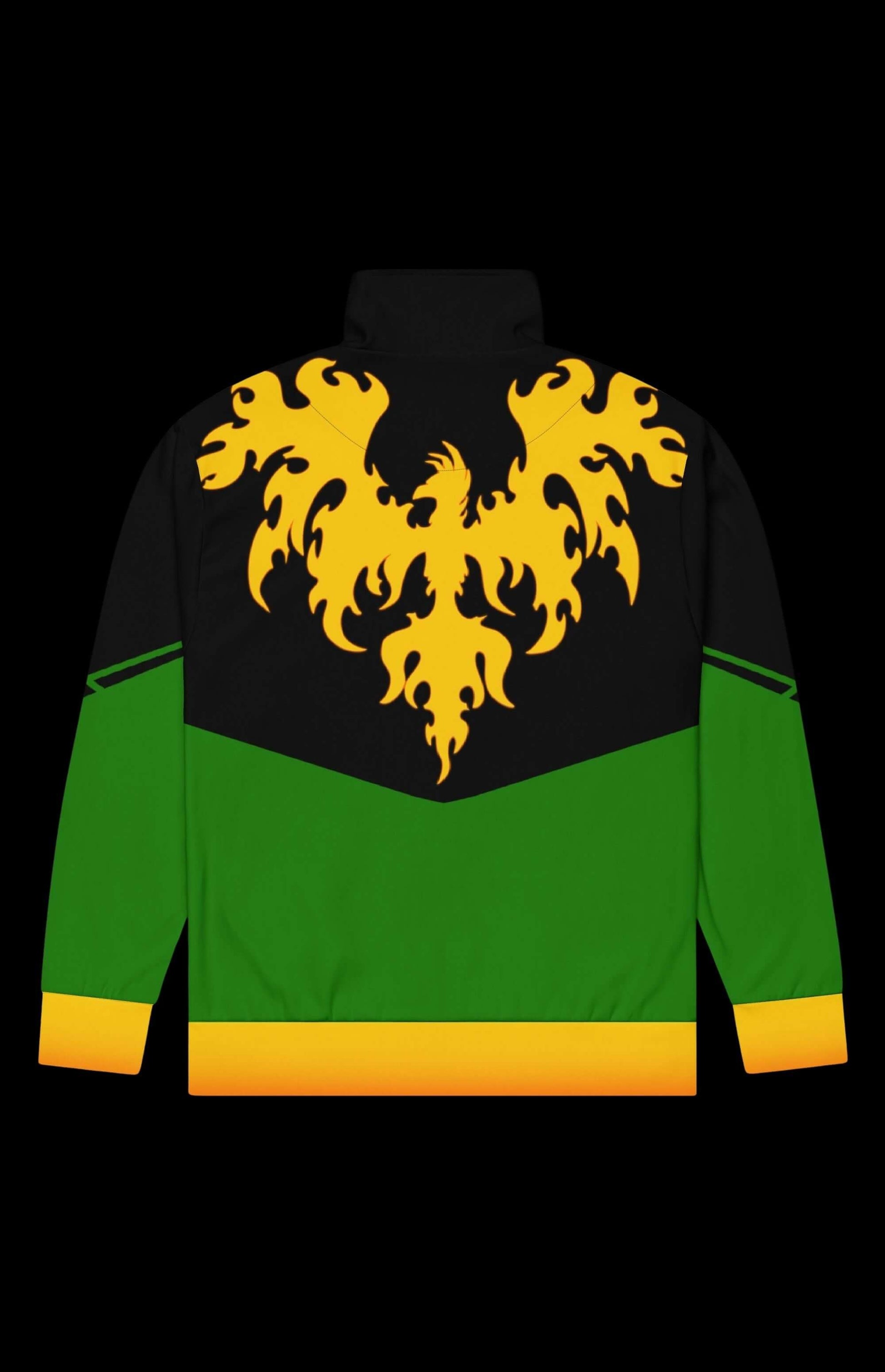 Fire Nugget Track Jacket with vibrant flame design and green accents, perfect for workouts and casual wear.