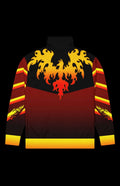 Back view of Spicy Fire Nugget Track Jacket featuring bold flame designs and zip-up style.