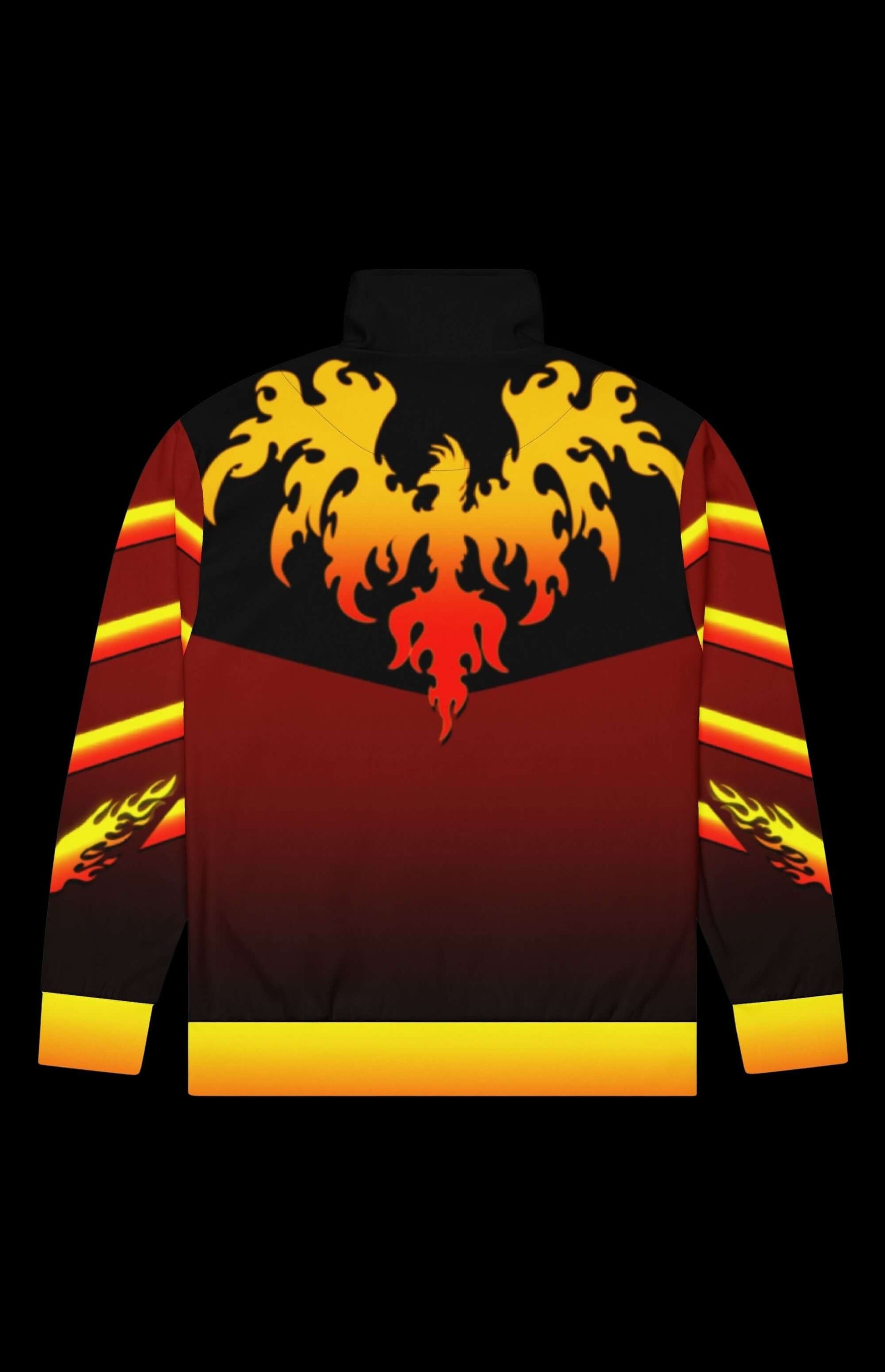 Back view of Spicy Fire Nugget Track Jacket featuring bold flame designs and zip-up style.