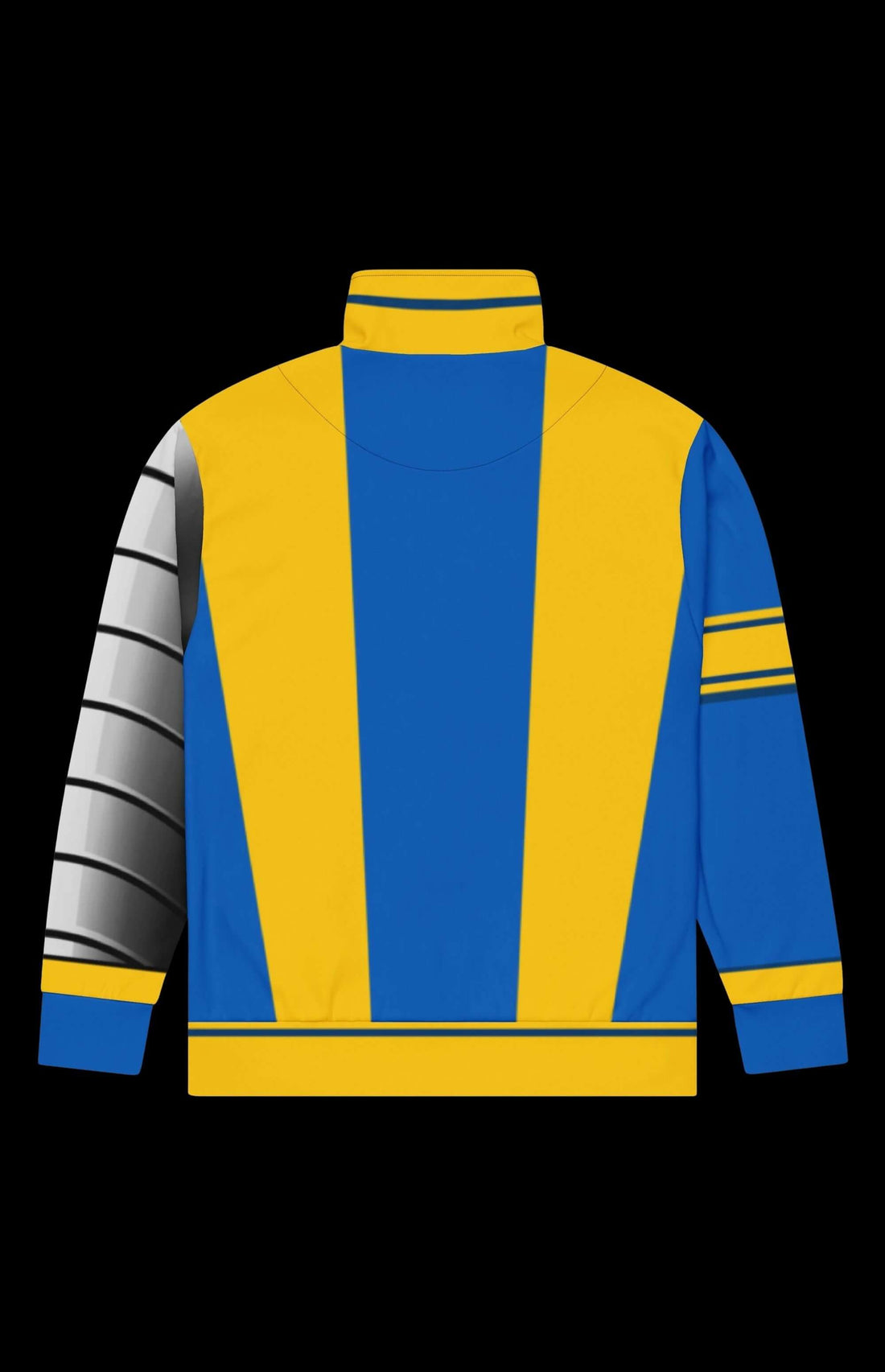 Cord MVC Track Jacket in blue and yellow with red collar, featuring zip-up front and unique design.