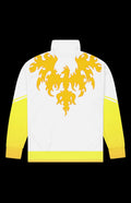 Golden Nugget Track Jacket featuring a bold flame design and vibrant yellow accents on a stylish zip-up back.