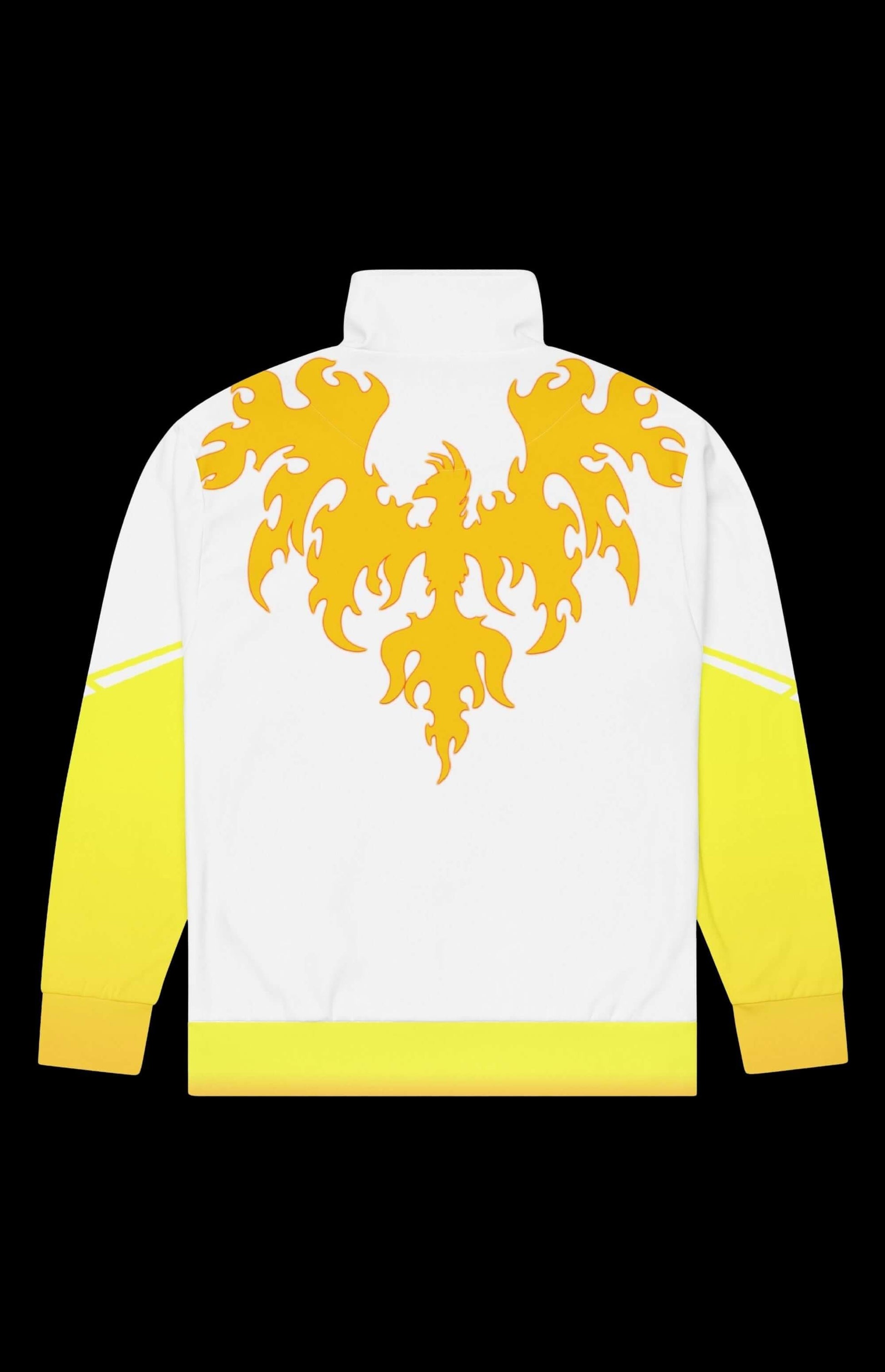 Golden Nugget Track Jacket featuring a bold flame design and vibrant yellow accents on a stylish zip-up back.