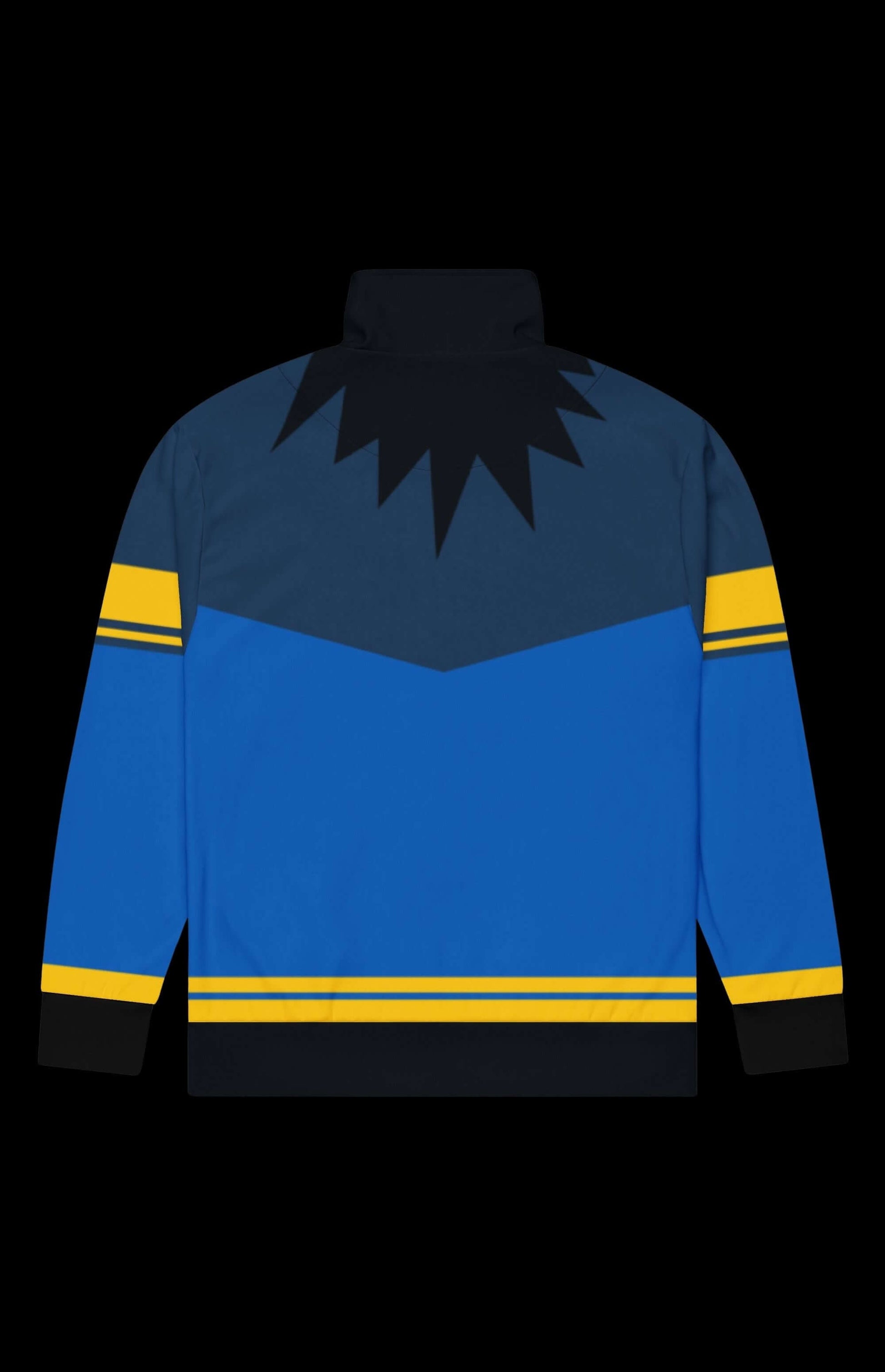 Rook Track Jacket in blue with yellow stripes and black accents, featuring a zip-up design for warmth and style.