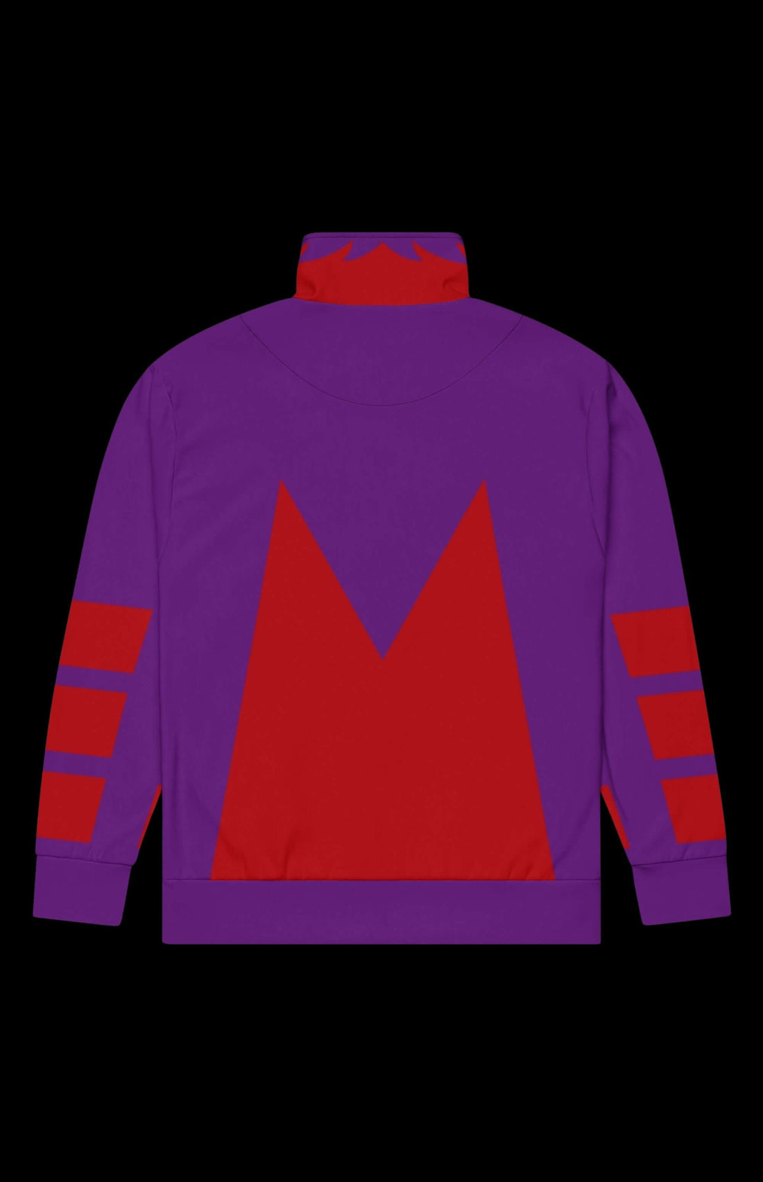 Magnet Master Track Jacket in purple and red with zip-up front and striped sleeves on a black background.