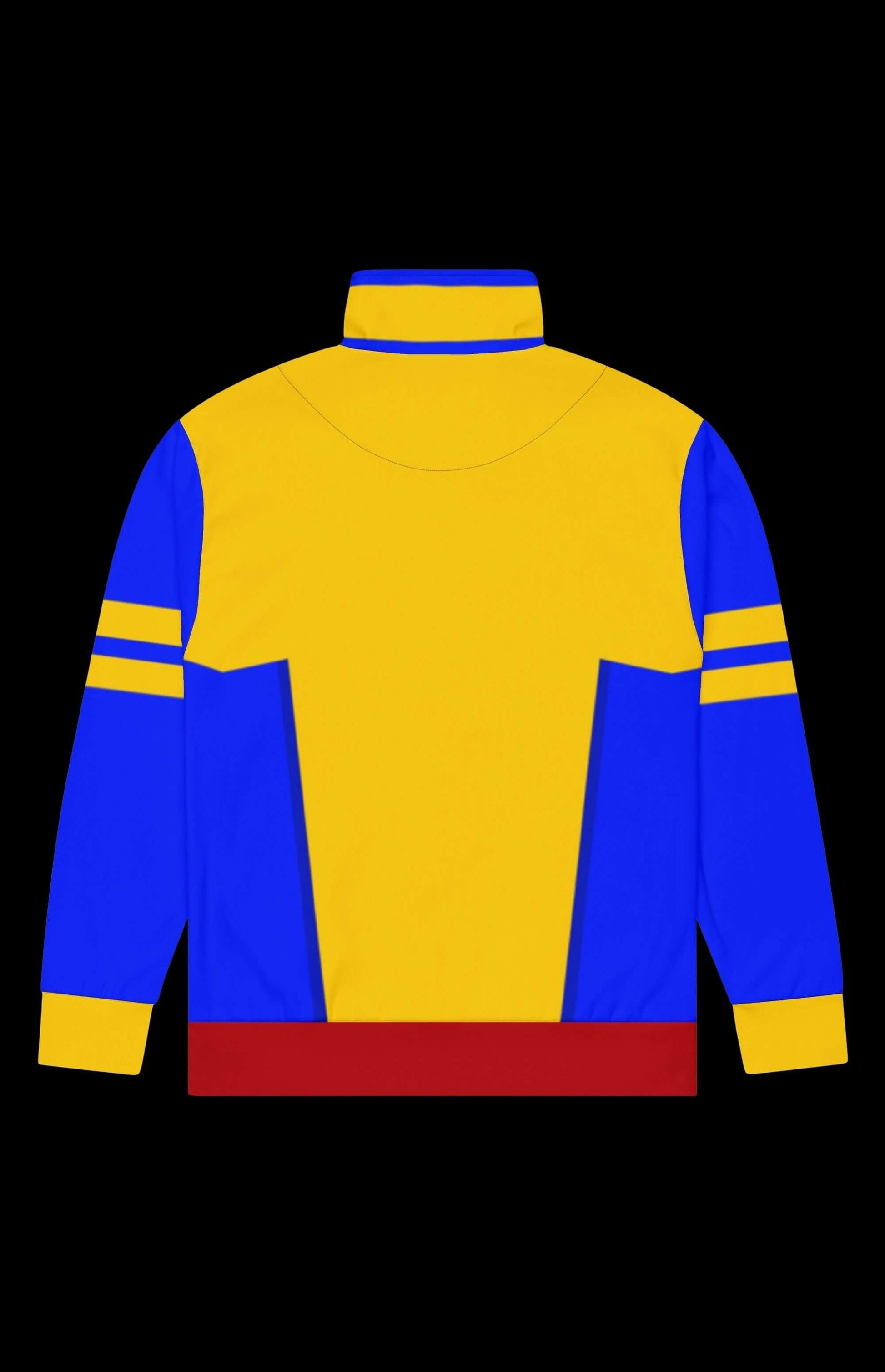 Back view of Jimmy Lee Track Jacket featuring a vibrant yellow, blue, and red design, ideal for workouts and casual wear.