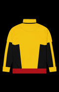 Back view of Junior Class Track Jacket in vibrant yellow and black with red accents, featuring a zip-up design and relaxed fit.