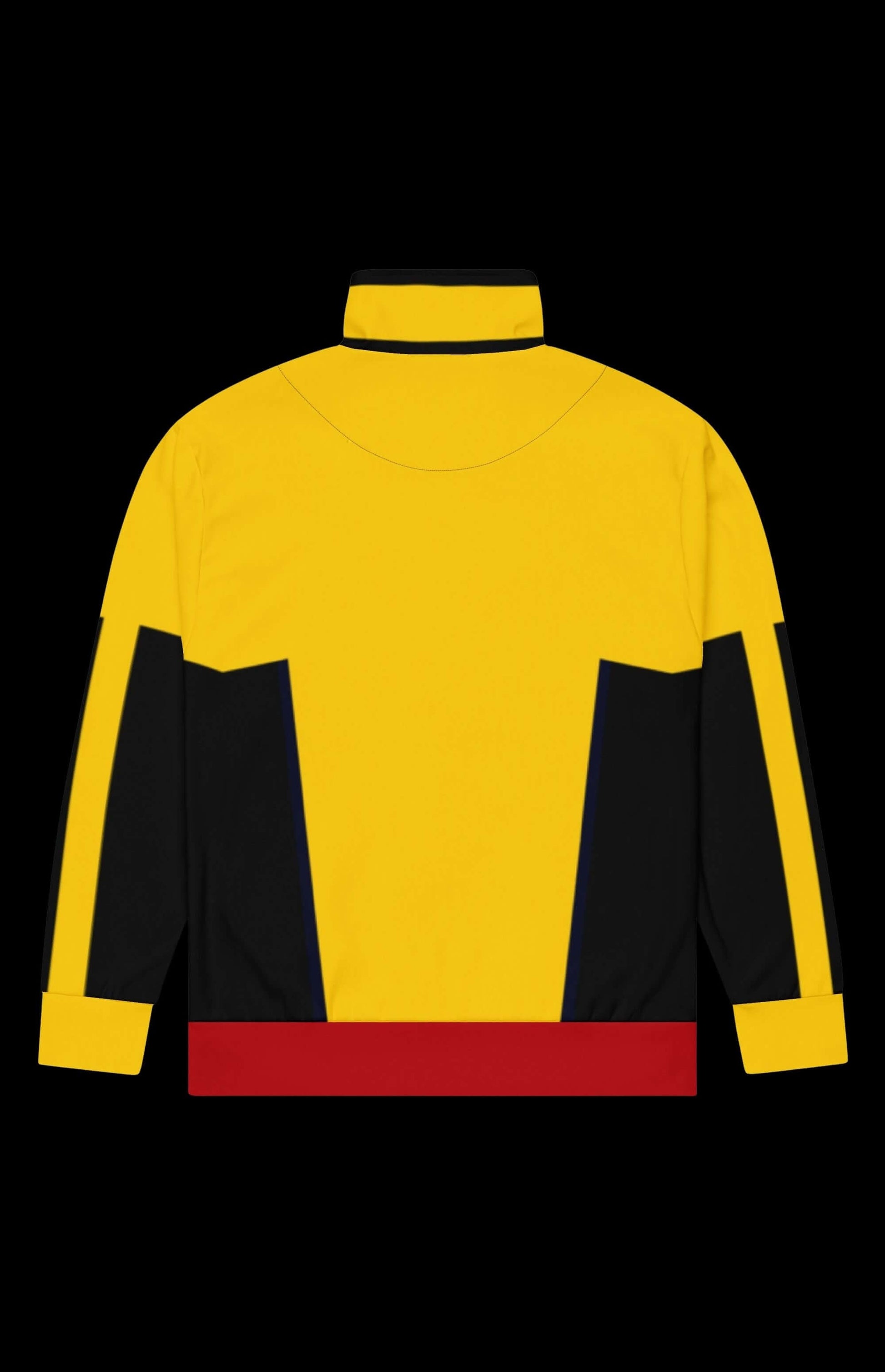 Back view of Junior Class Track Jacket in vibrant yellow and black with red accents, featuring a zip-up design and relaxed fit.