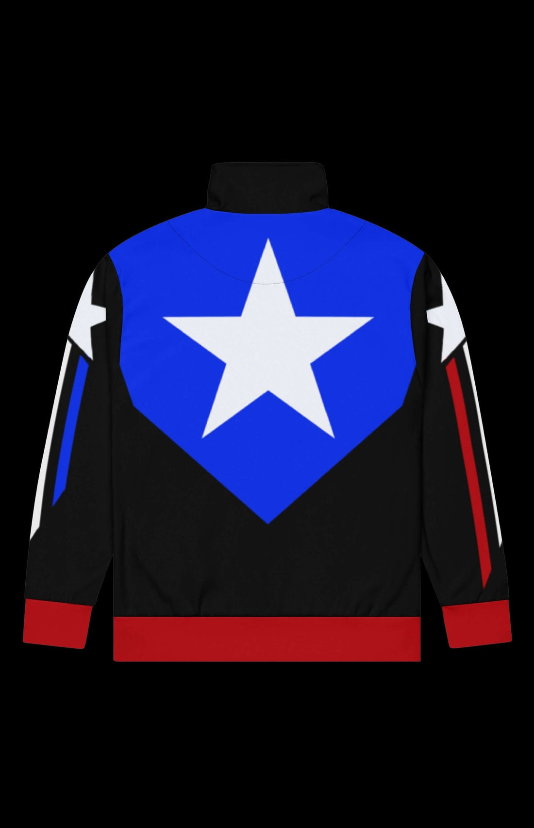 The Bucky Track Jacket with colorful star and stripe design, perfect for workouts and everyday wear.