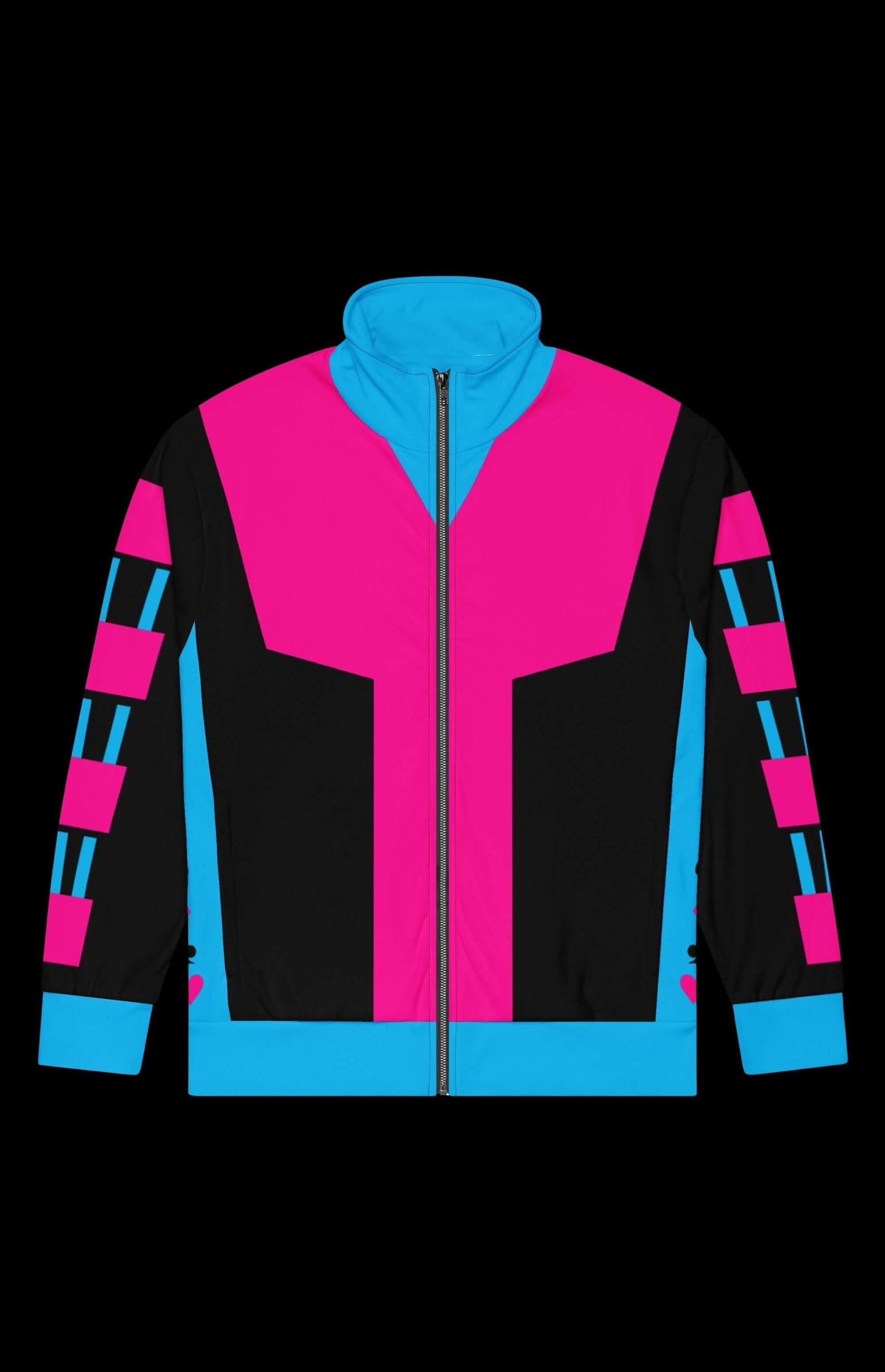 Kinetic Gambler Track Jacket in vibrant pink and blue colors, featuring a zip-up design and stylish patterns.