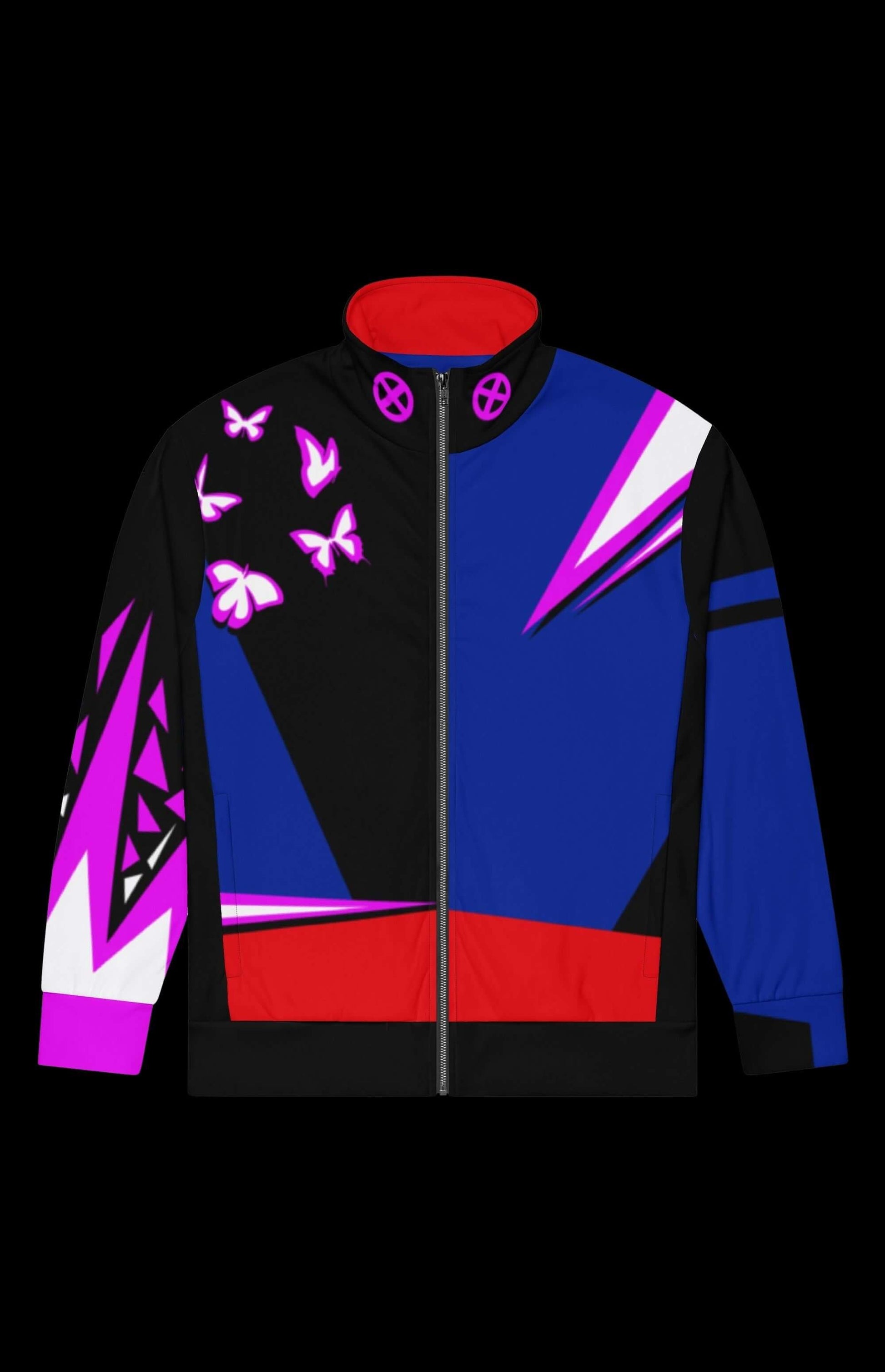 Colorful Psychic Ninja Track Jacket with butterfly designs and zip-up features for stylish comfort.