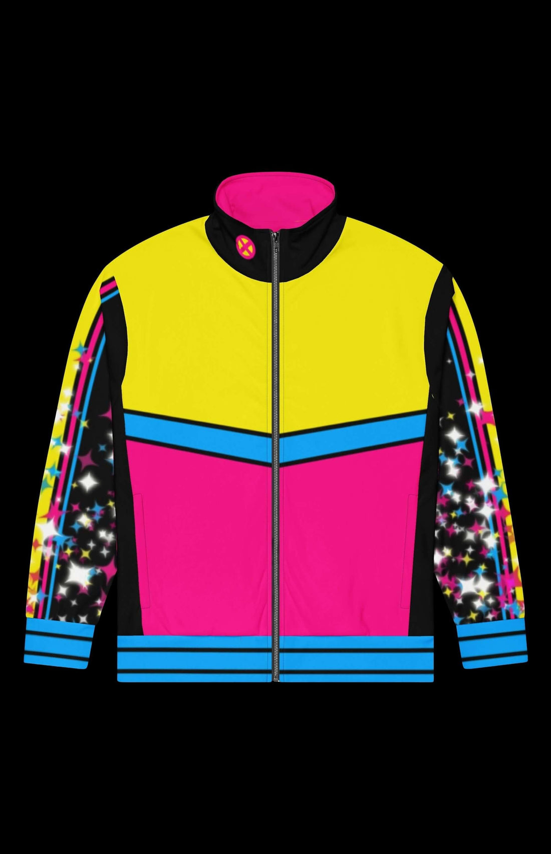 Colorful Sparkles Track Jacket featuring bright yellow, pink, and black design, perfect for workouts and everyday wear.