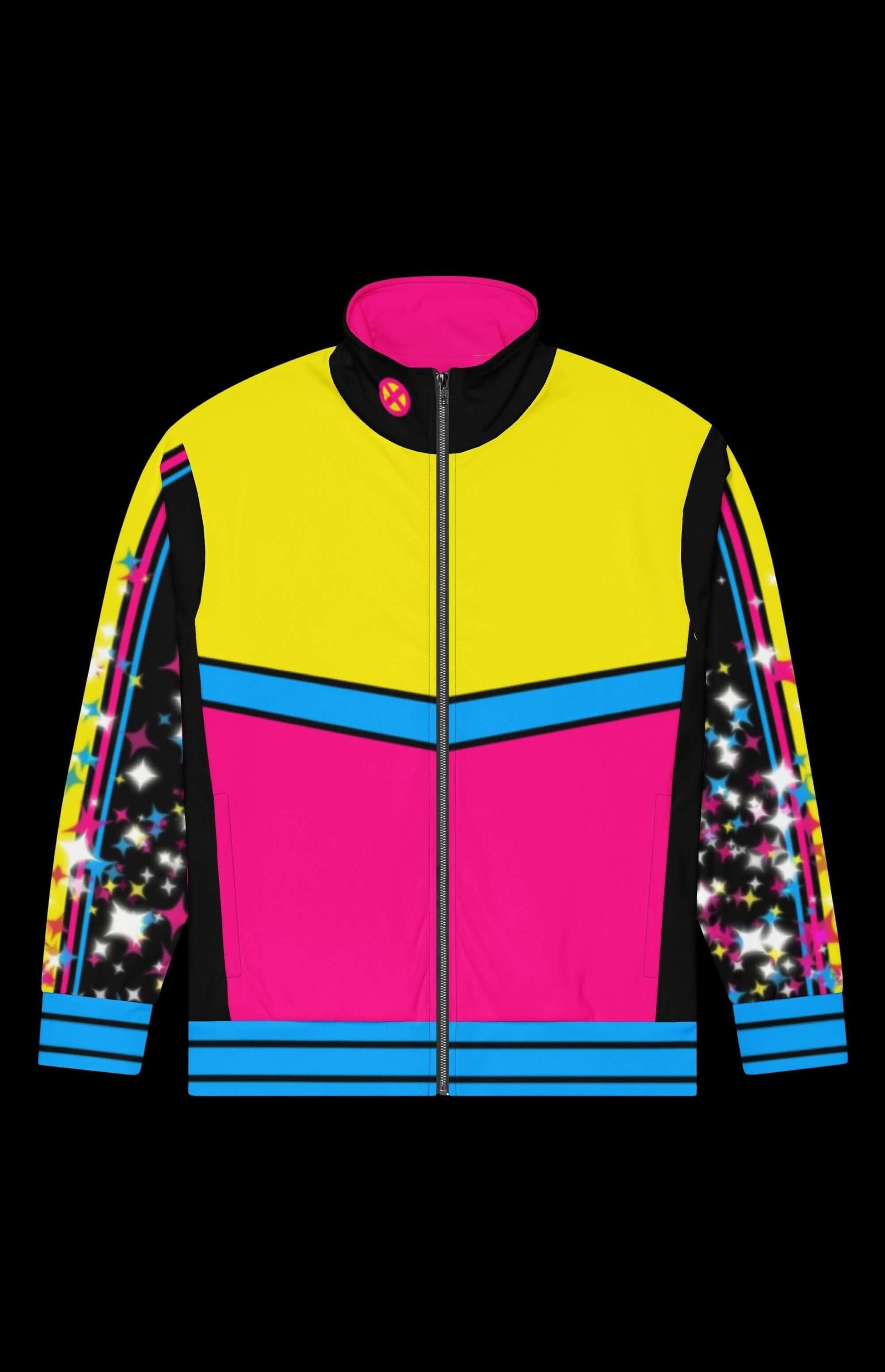 Colorful Sparkles Track Jacket featuring bright yellow, pink, and black design, perfect for workouts and everyday wear.