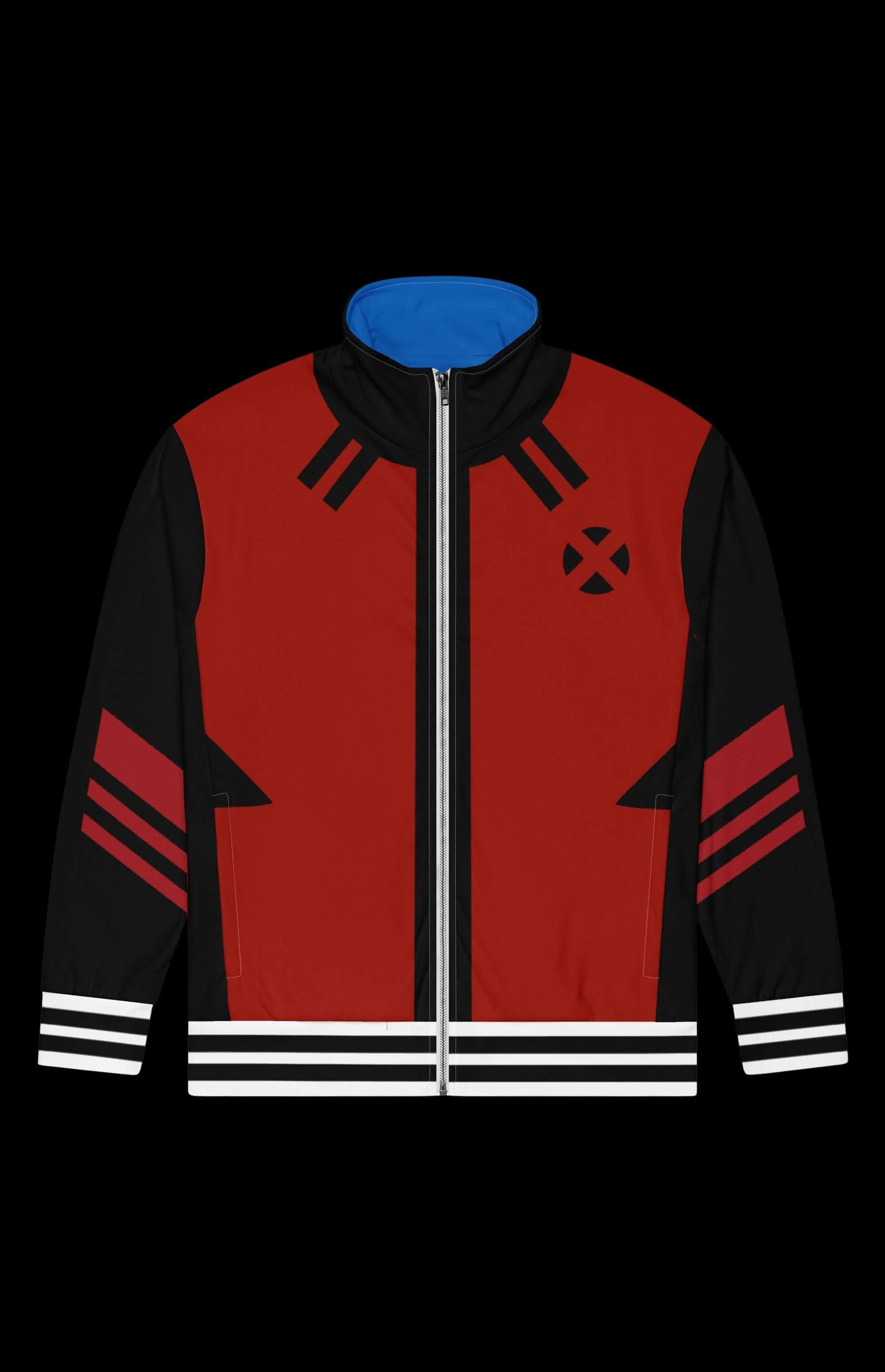 Blue BAMF Track Jacket featuring a stylish color-block design with a zip-up front and striped accents.