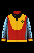 Titan Track Jacket featuring superhero-inspired design with vibrant red, yellow, and blue colors.